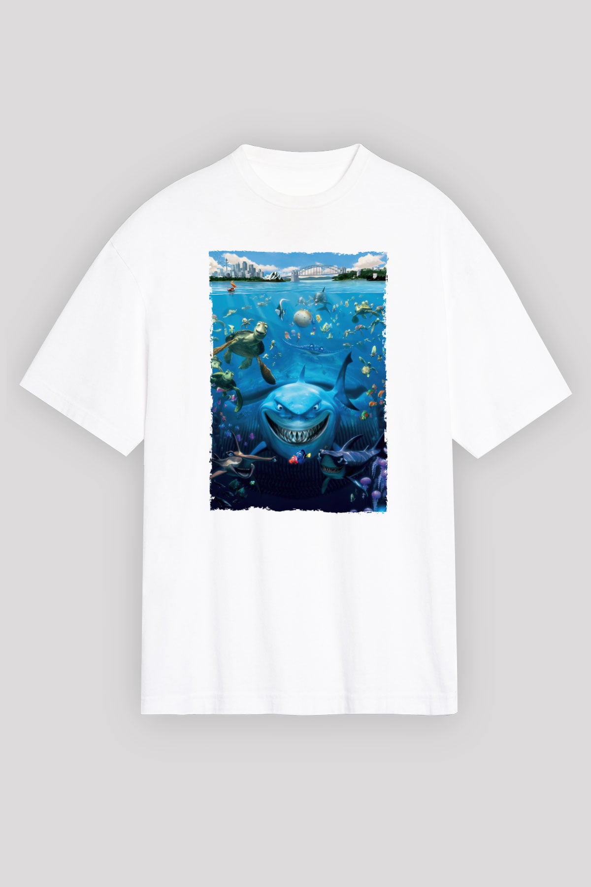 Unisex Kayıp Balık Nemo (Finding Nemo) Baskılı Beyaz Oversize Oversize T-shirt