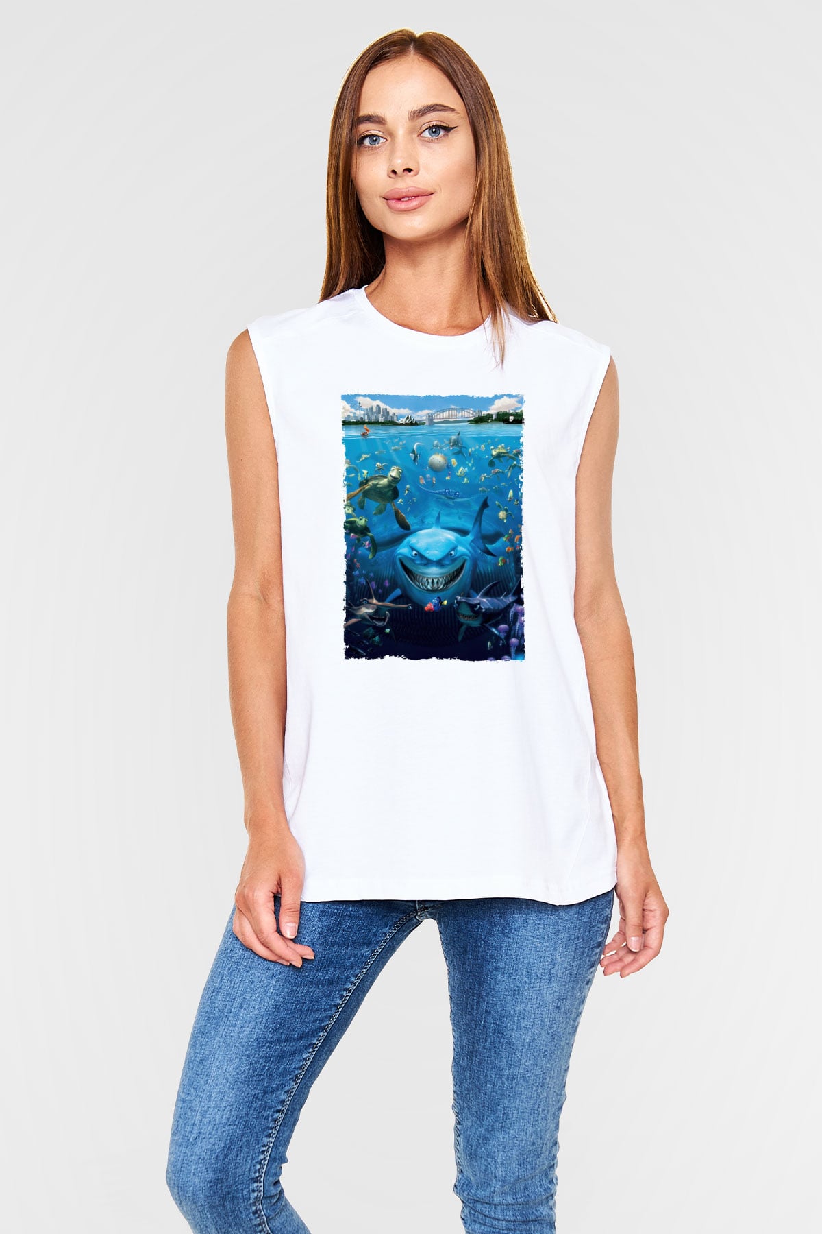 Unisex Kayıp Balık Nemo (Finding Nemo) Baskılı Beyaz Kolsuz Tshirt