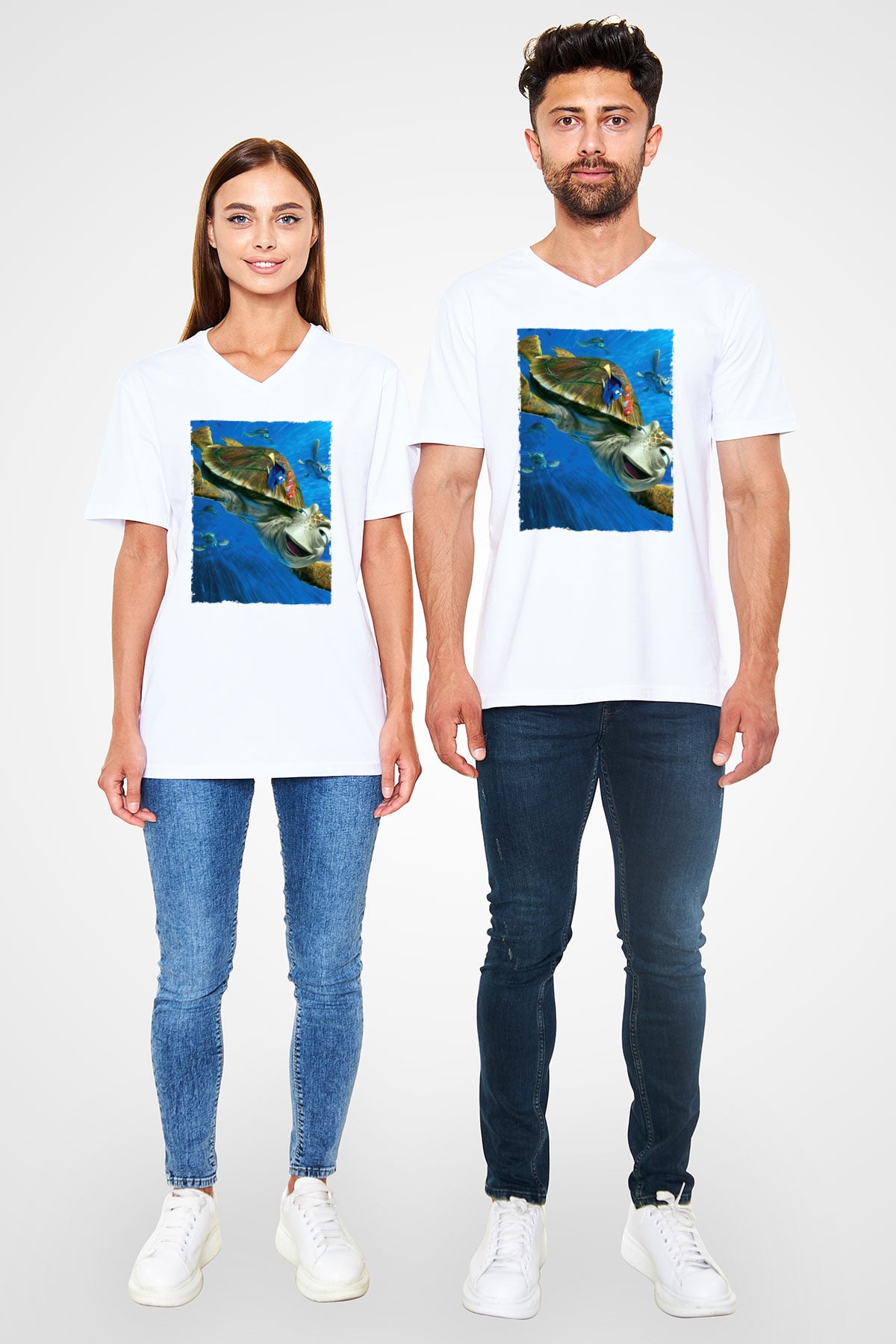 Unisex Kayıp Balık Nemo (Finding Nemo) Baskılı Beyaz V Yaka Tişört