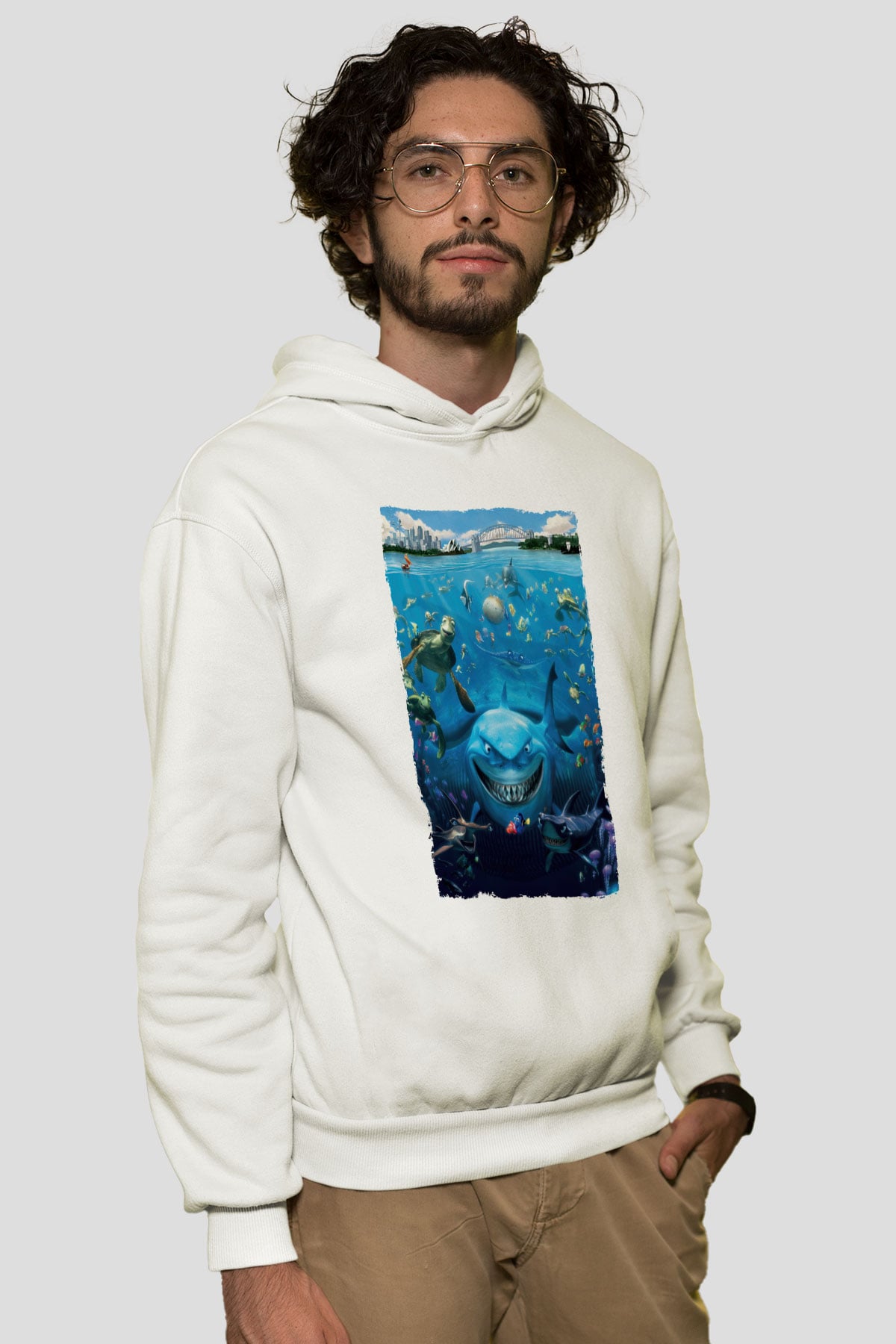 Unisex Kayıp Balık Nemo (Finding Nemo) Baskılı Beyaz Kapüşonlu Sweatshirt
