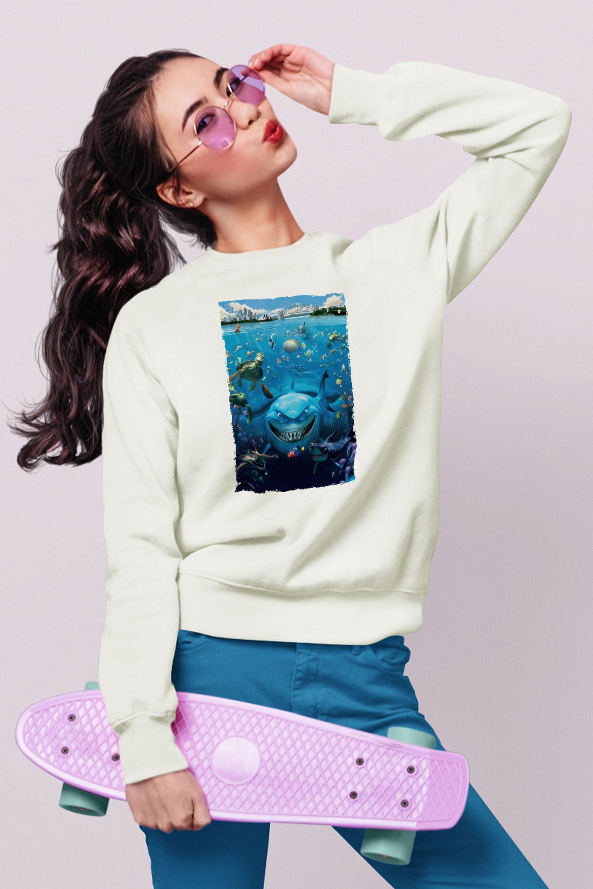 Unisex Kayıp Balık Nemo (Finding Nemo) Baskılı Beyaz Sweatshirt