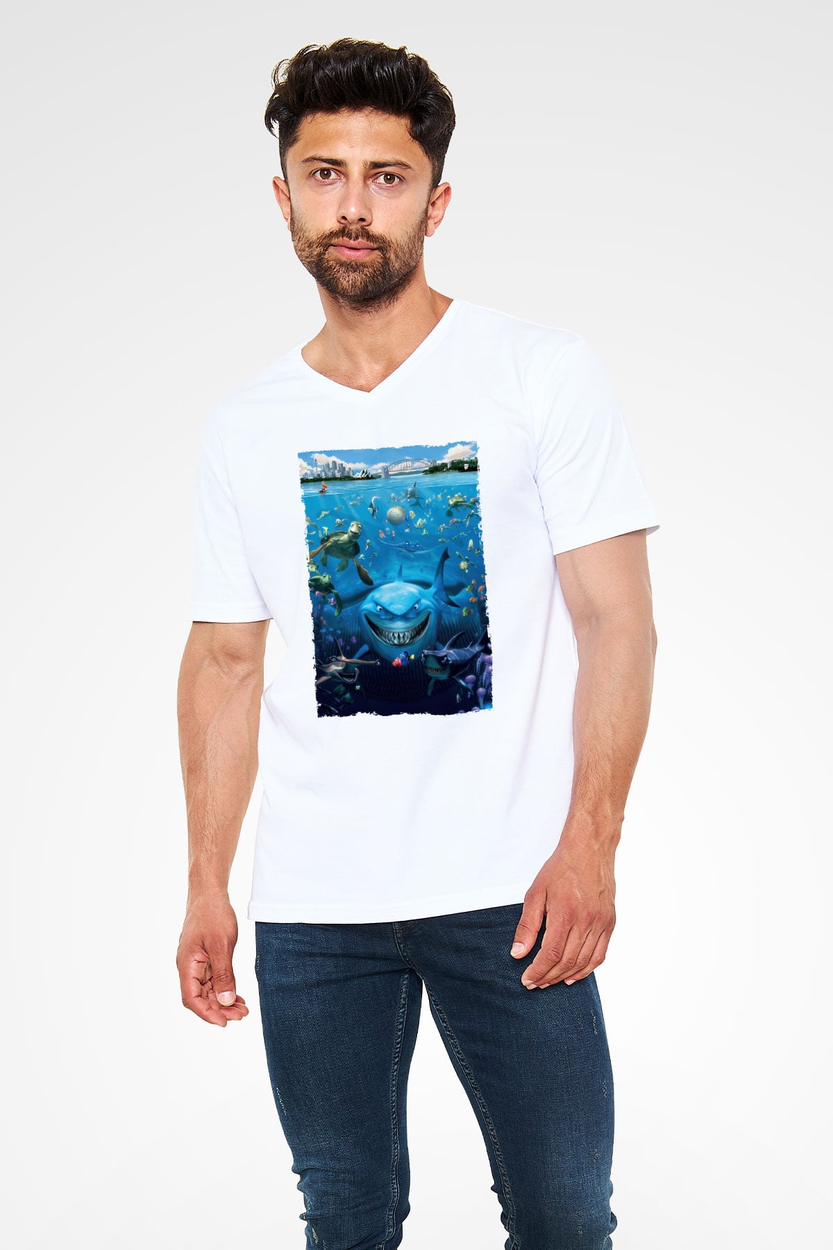 Unisex Kayıp Balık Nemo (Finding Nemo) Baskılı Beyaz V Yaka Tshirt
