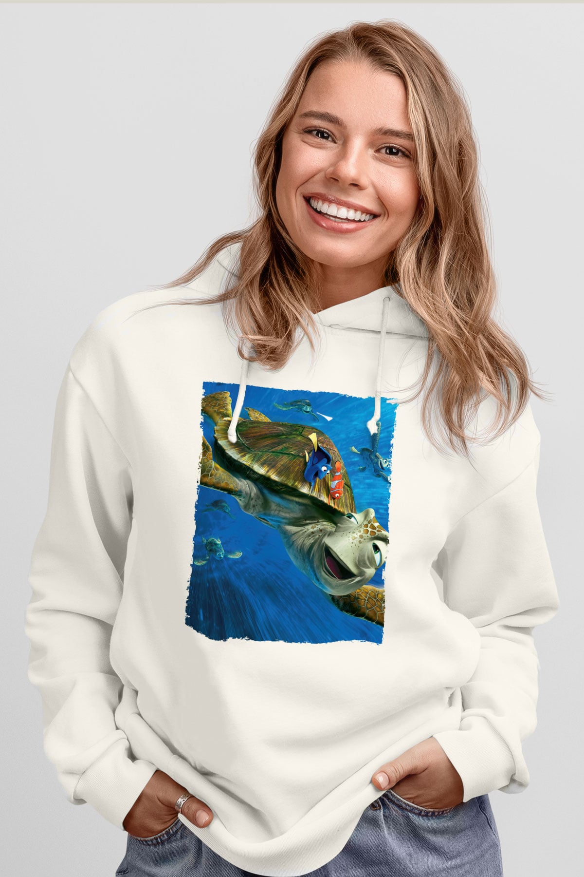 Unisex Kayıp Balık Nemo (Finding Nemo) Baskılı Beyaz Kapüşonlu Sweatshirt