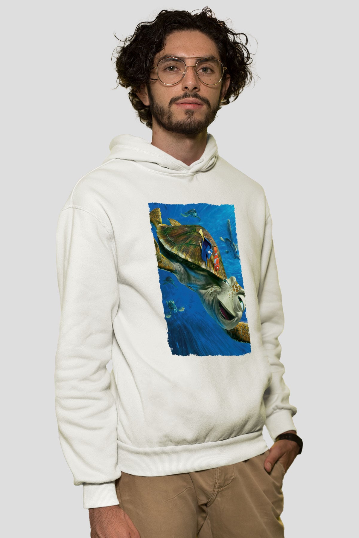Unisex Kayıp Balık Nemo (Finding Nemo) Baskılı Beyaz Kapüşonlu Sweatshirt