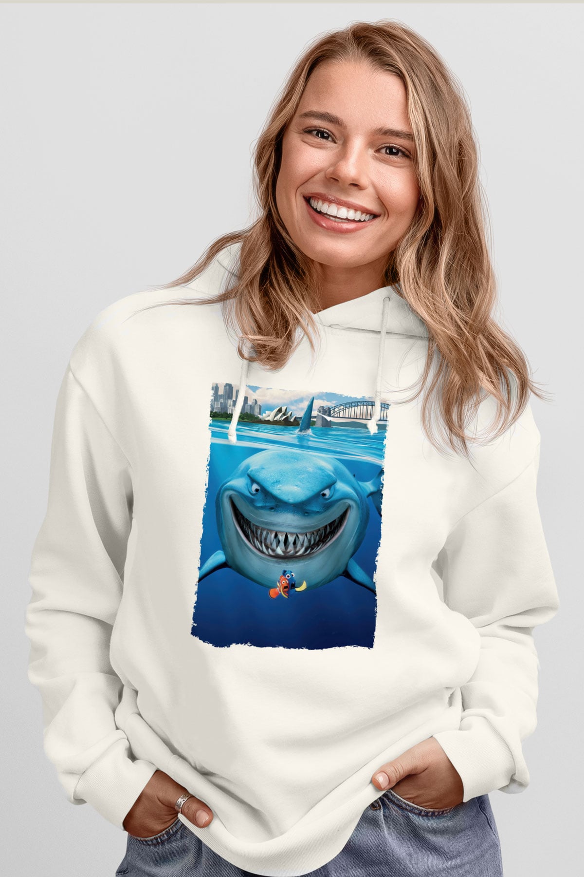 Unisex Kayıp Balık Nemo (Finding Nemo) Baskılı Beyaz Kapüşonlu Sweatshirt