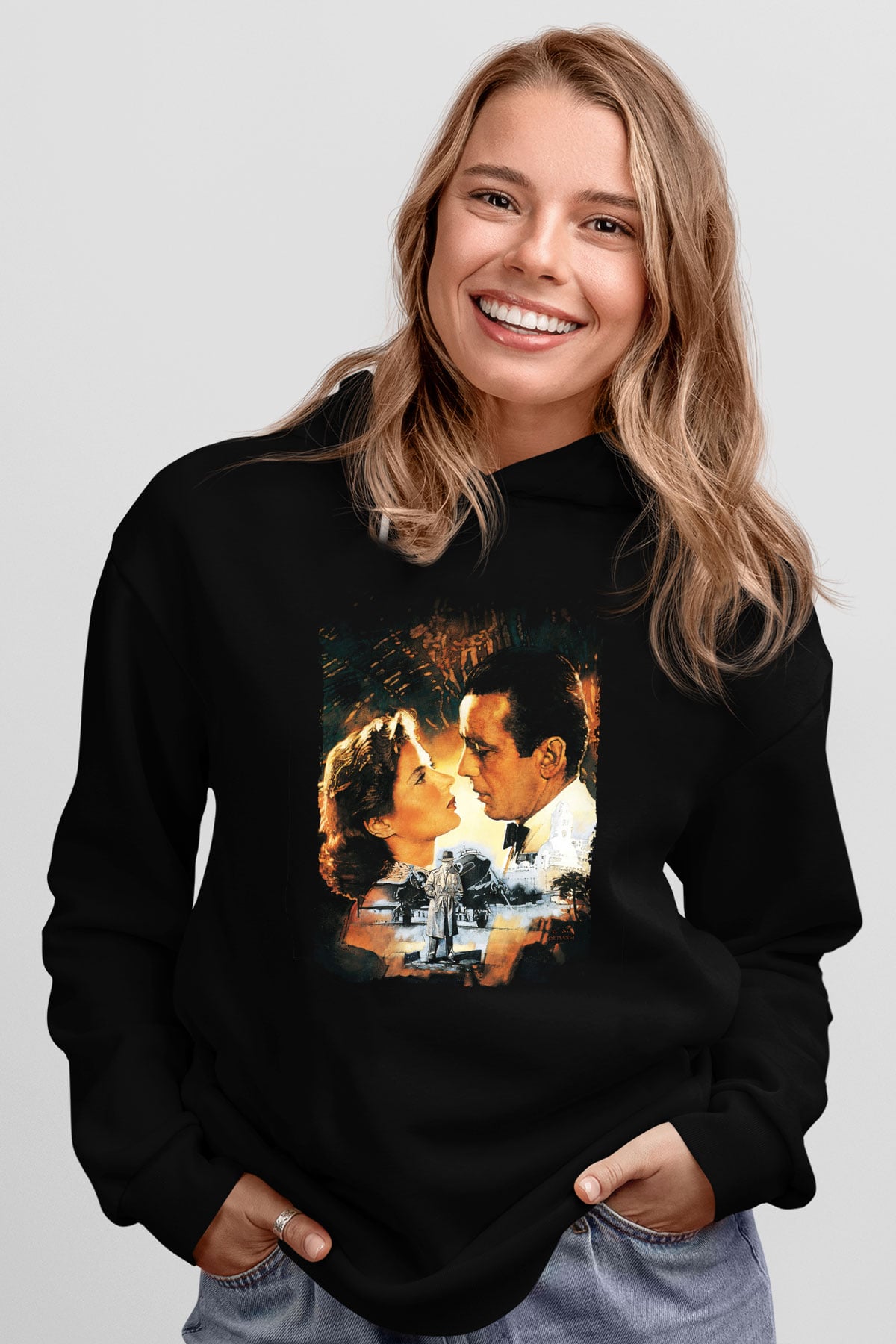 Unisex Kazablanka (Casablanca) Baskılı Siyah Kapüşonlu Sweatshirt