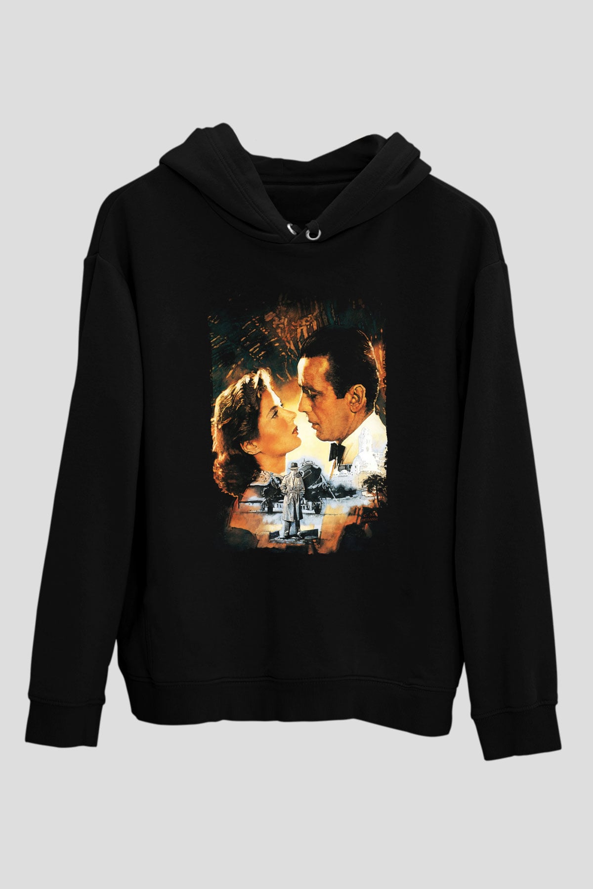 Unisex Kazablanka (Casablanca) Baskılı Siyah Kapüşonlu Sweatshirt