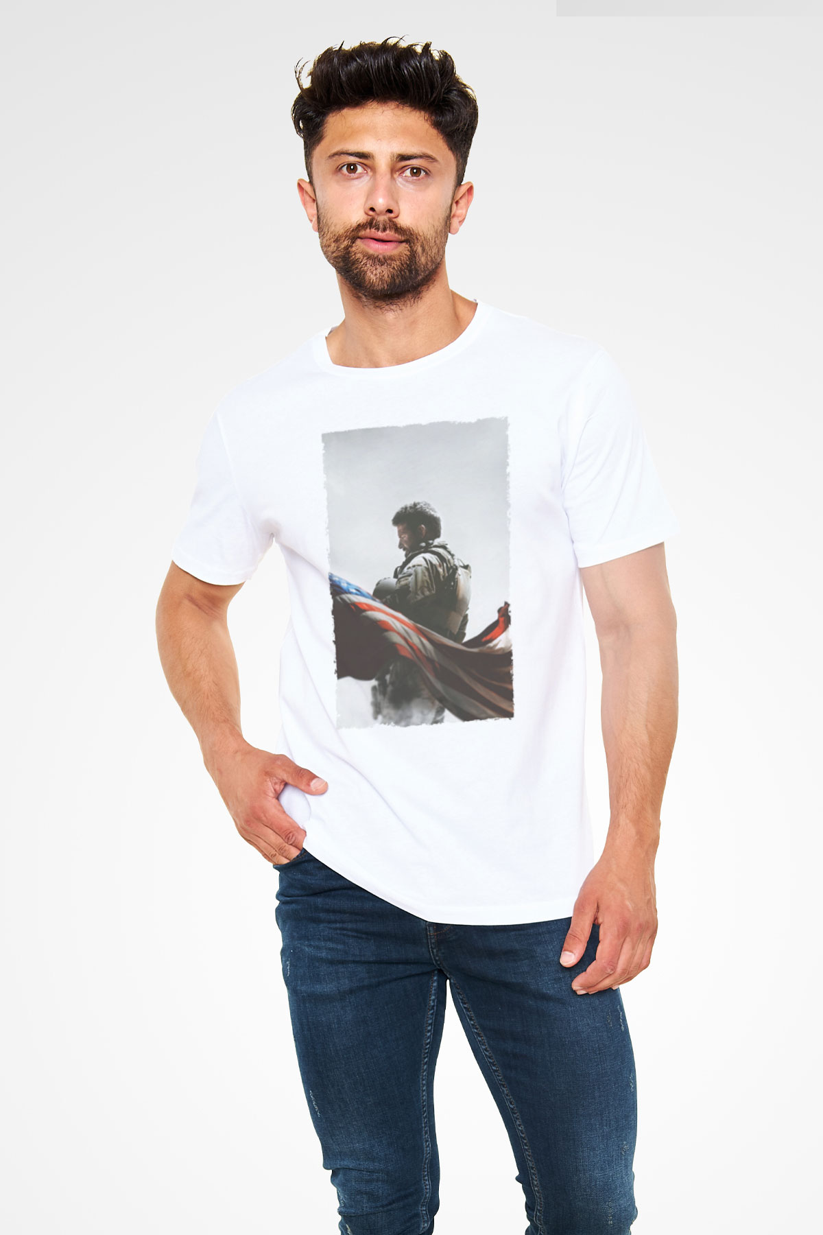 Unisex Keskin Nişancı - American Sniper Baskılı Beyaz Tshirt
