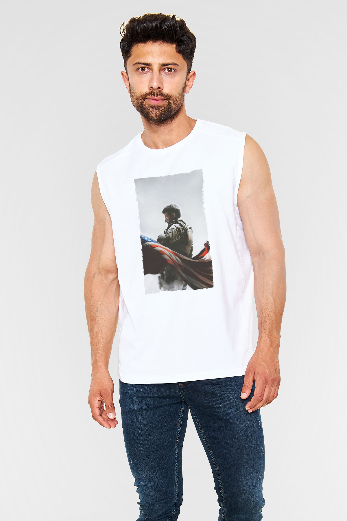 Unisex Keskin Nişancı - American Sniper Baskılı Beyaz Kolsuz Tshirt