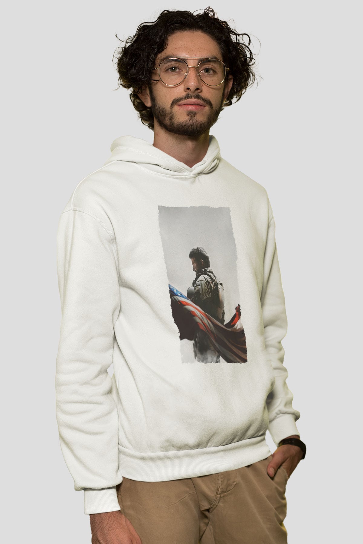 Unisex Keskin Nişancı - American Sniper Baskılı Beyaz Kapüşonlu Sweatshirt