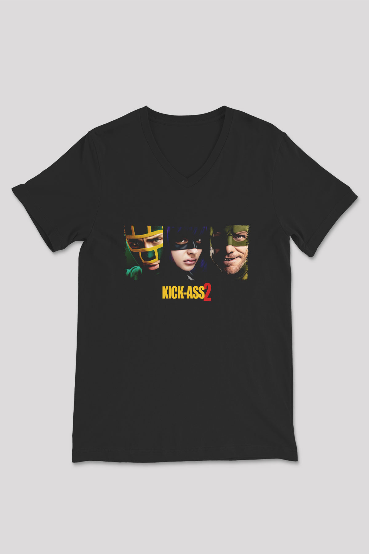 Unisex Kick Ass 2 Baskılı Siyah V Yaka Tshirt