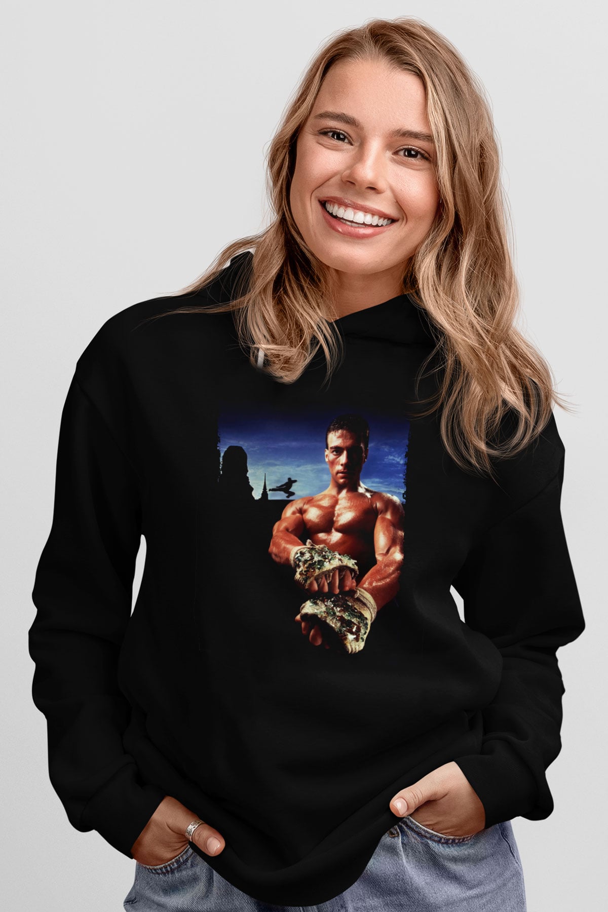 Unisex Kickboxer Baskılı Siyah Kapüşonlu Sweatshirt