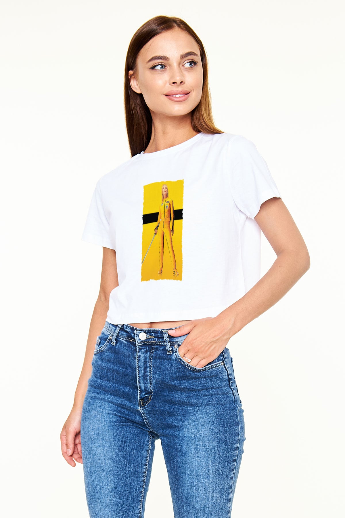 Unisex Kill Bill Baskılı Beyaz Crop Top Tshirt