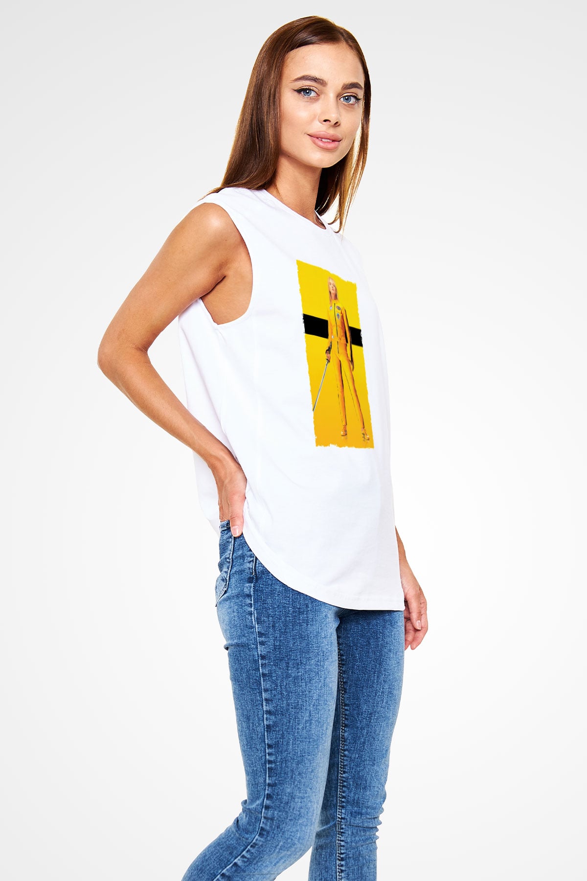 Unisex Kill Bill Baskılı Beyaz Kolsuz Tshirt