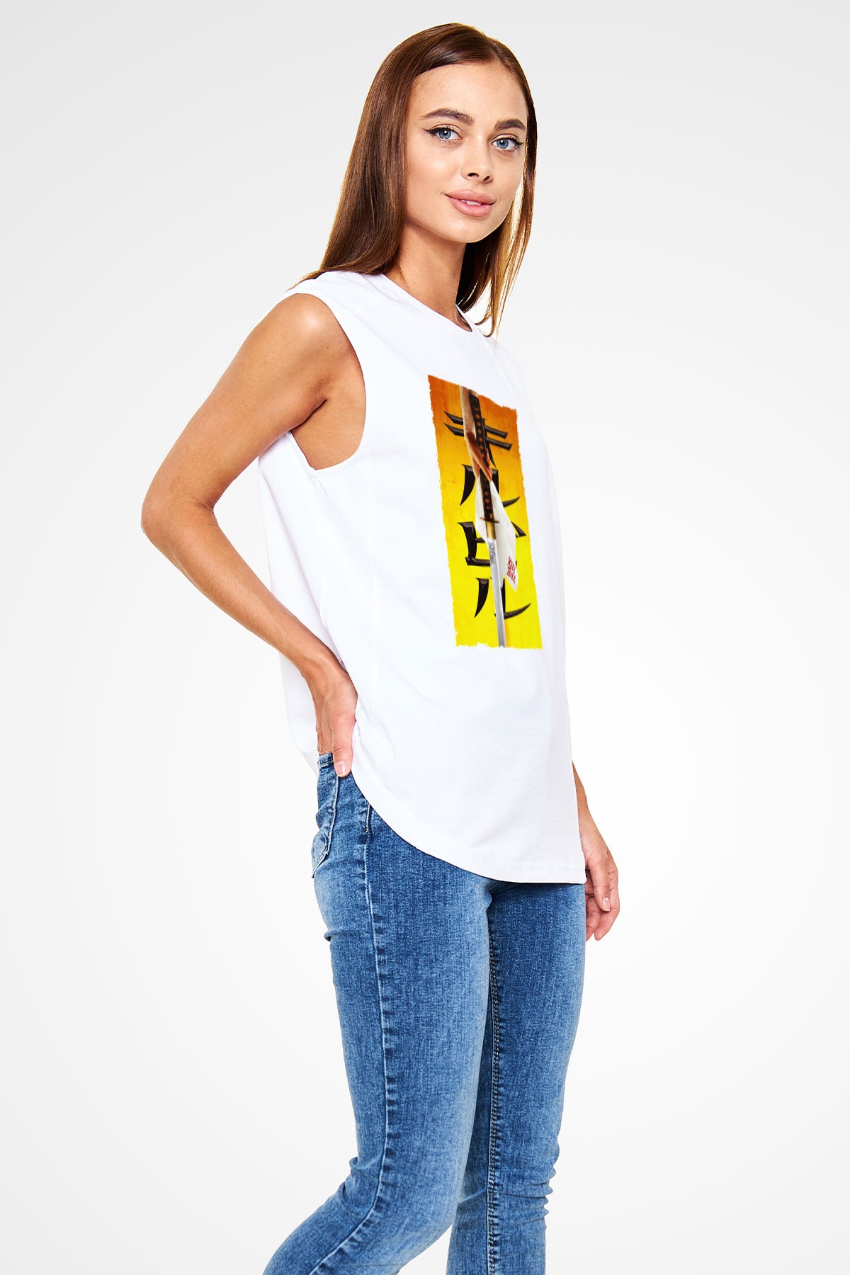 Unisex Kill Bill Baskılı Beyaz Kolsuz Tişört
