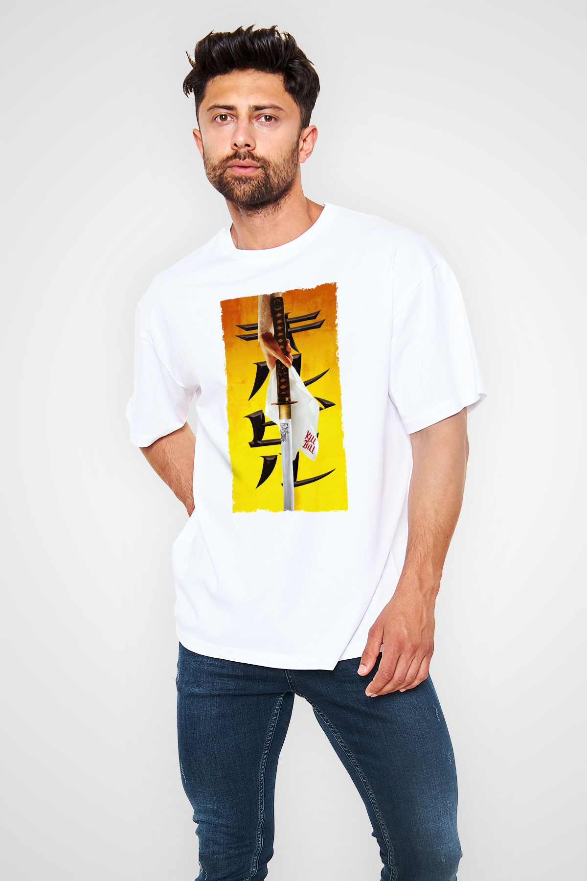 Unisex Kill Bill Baskılı Beyaz Oversize Tişört
