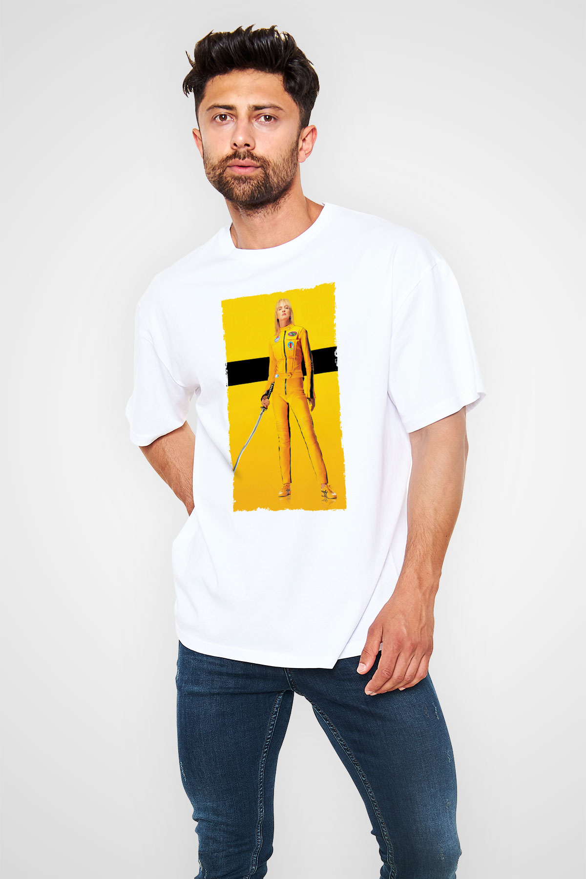 Unisex Kill Bill Baskılı Beyaz Oversize Oversize T-shirt