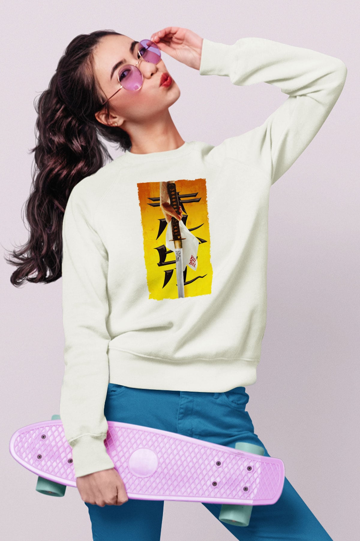 Unisex Kill Bill Baskılı Beyaz Sweatshirt
