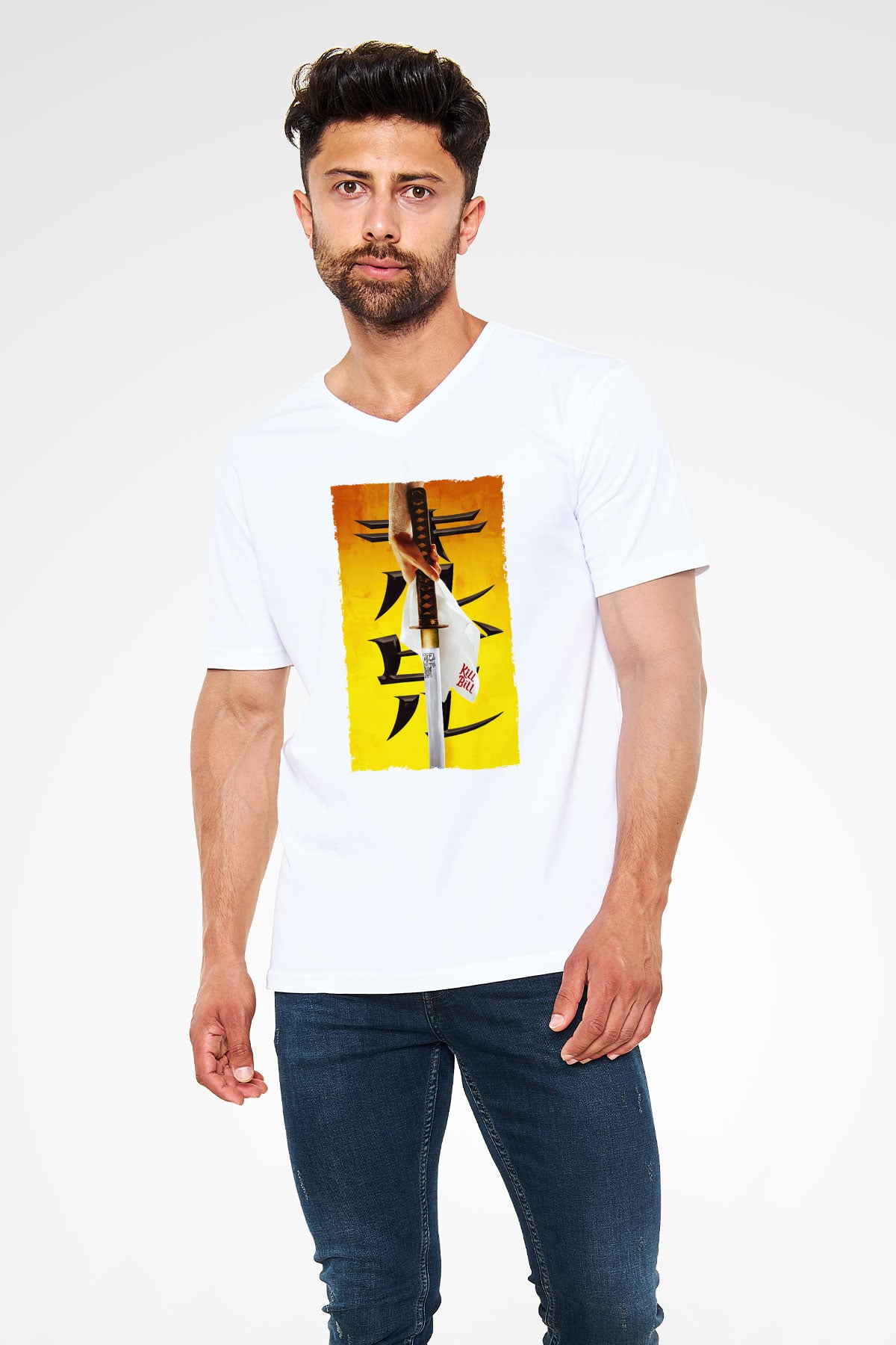 Unisex Kill Bill Baskılı Beyaz V Yaka Tişört
