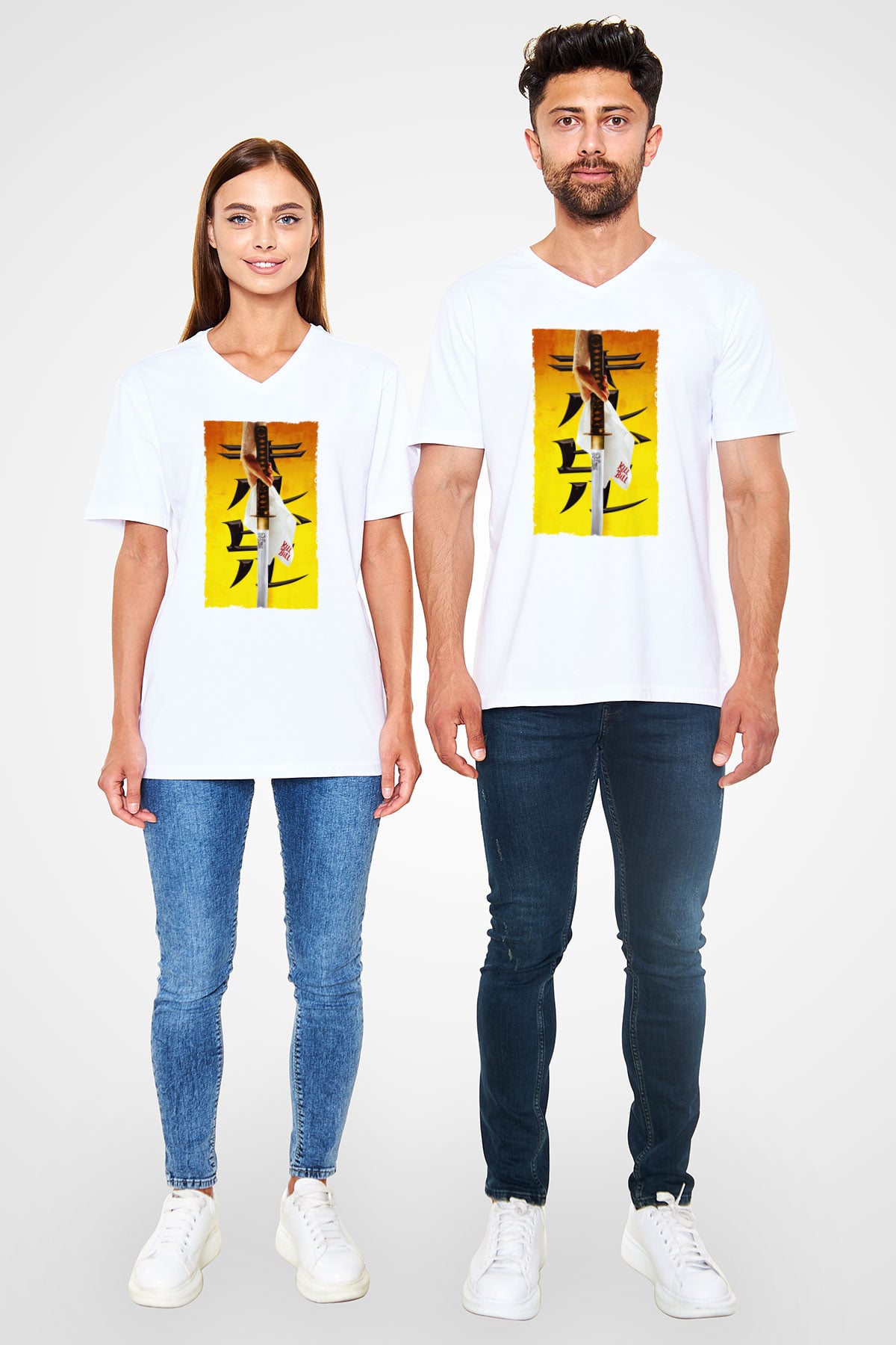Unisex Kill Bill Baskılı Beyaz V Yaka Tişört