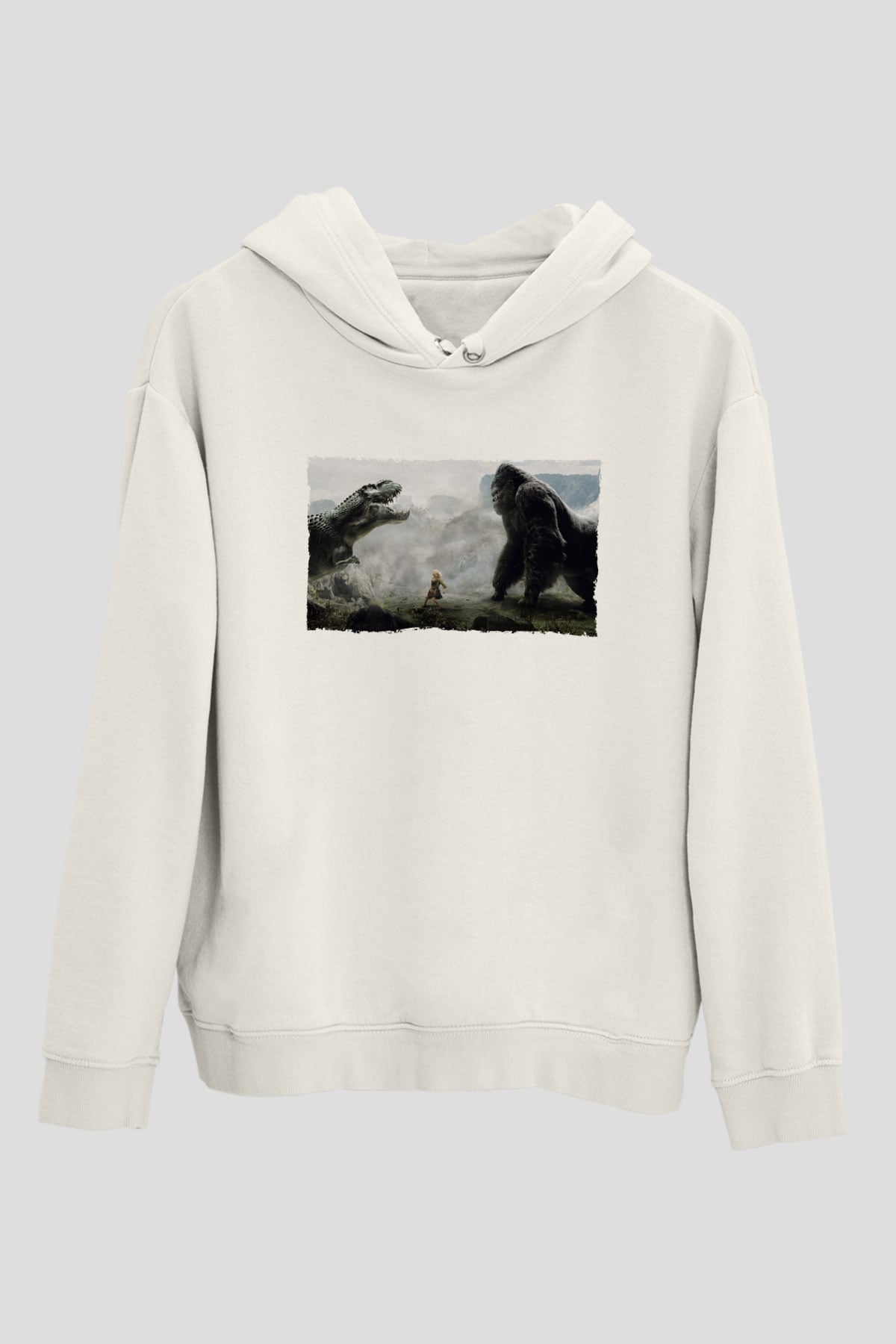 Unisex King Kong Baskılı Beyaz Kapüşonlu Sweatshirt