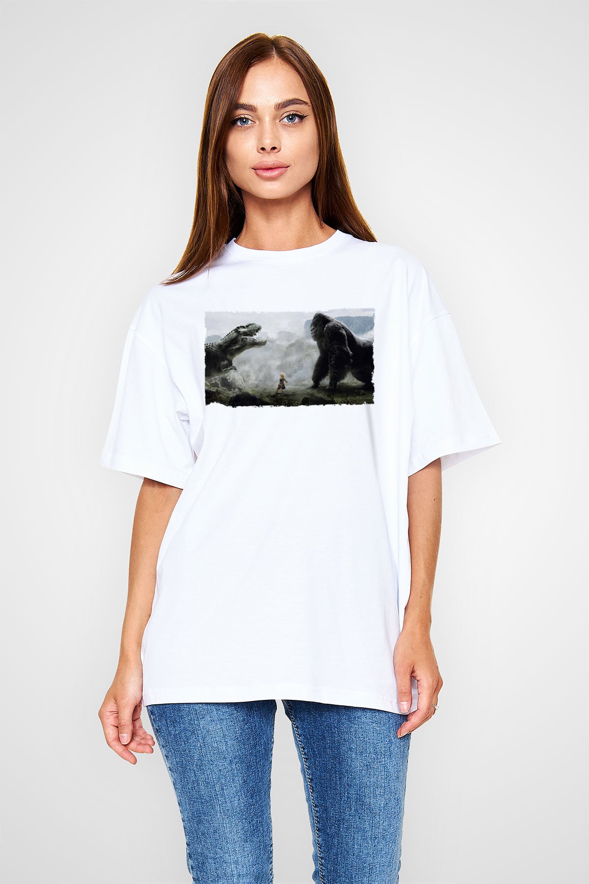 Unisex King Kong Baskılı Beyaz Oversize Oversize T-shirt