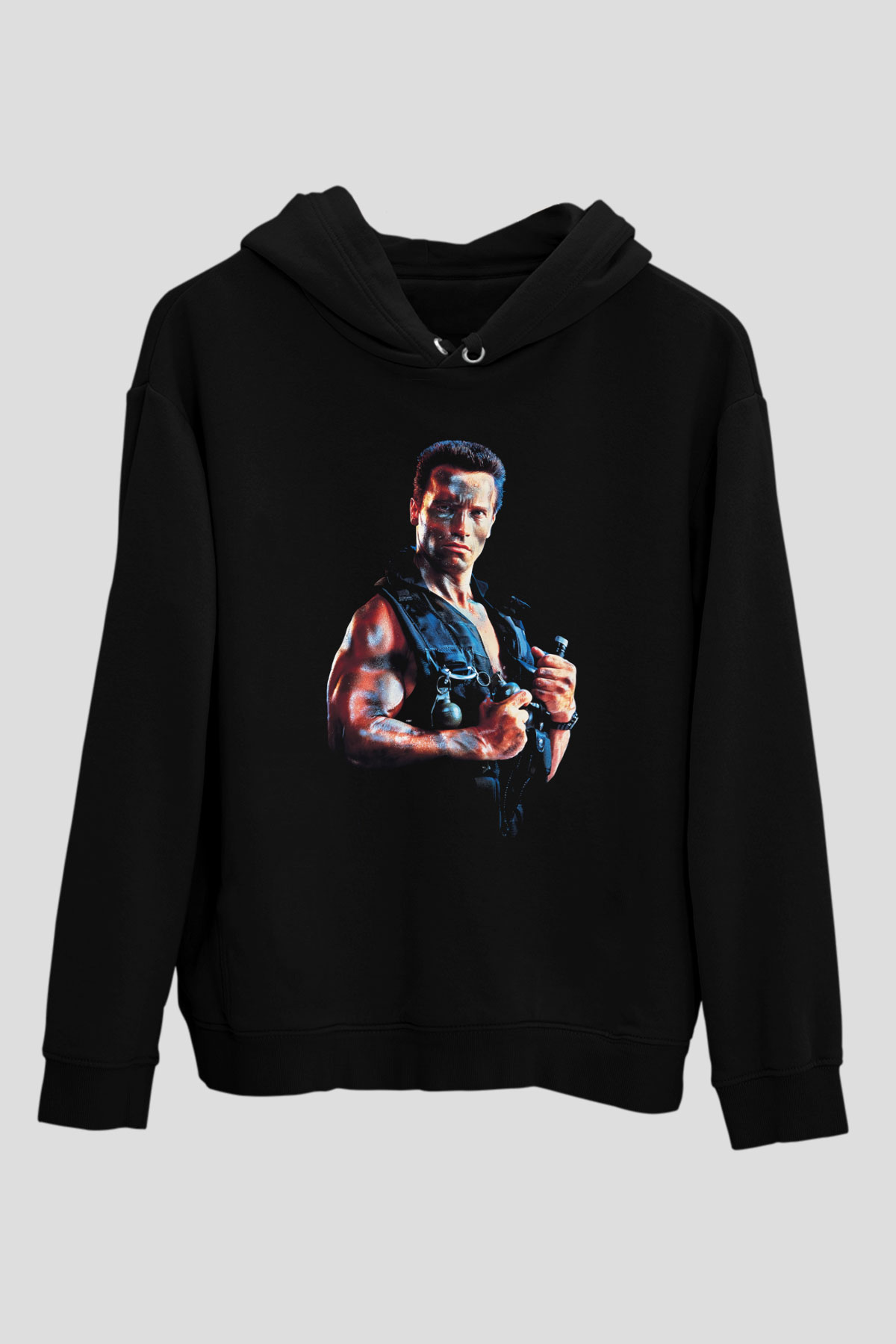 Unisex Komando (Commando) Baskılı Siyah Kapüşonlu Sweatshirt