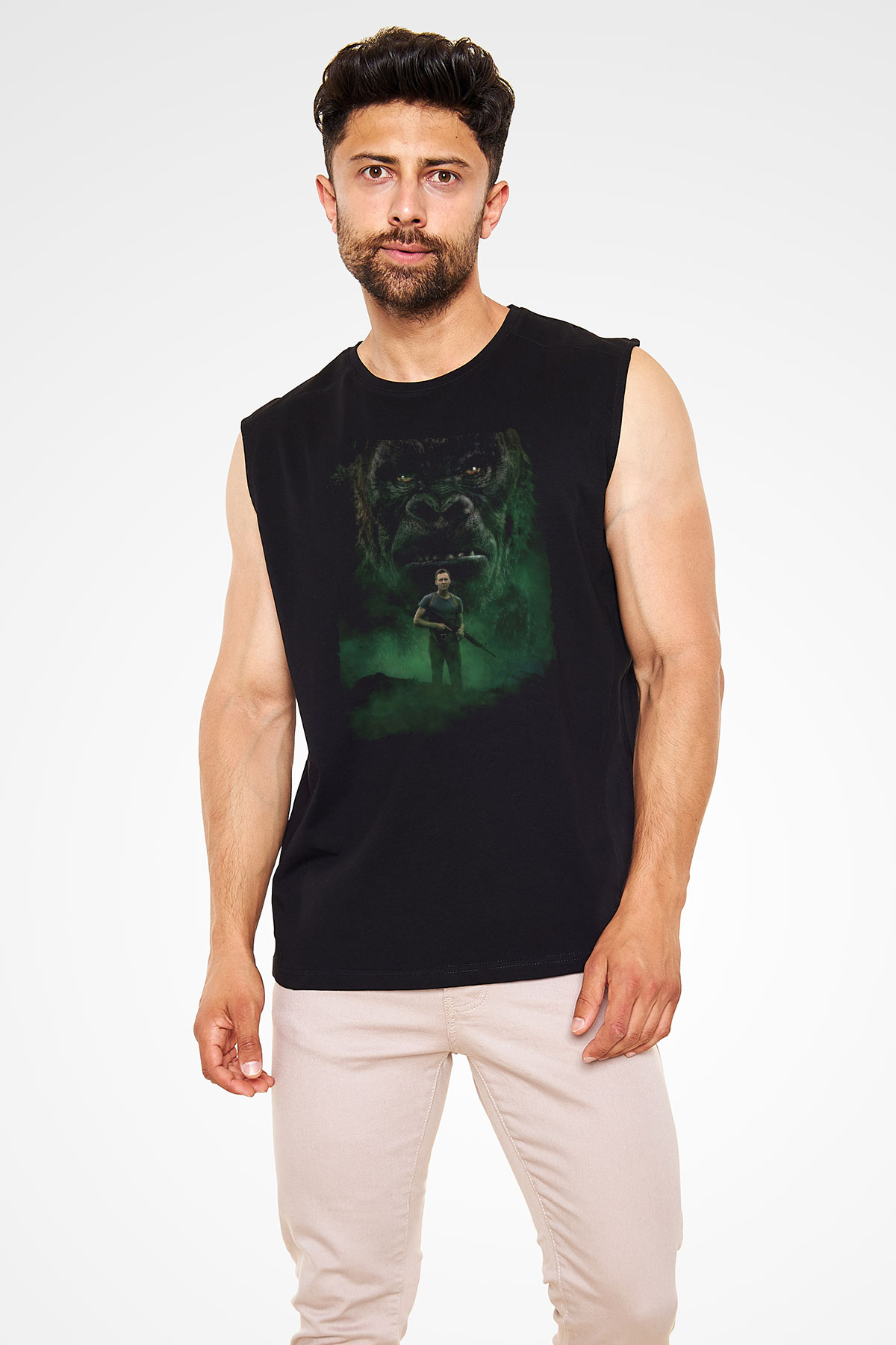 Unisex Kong Kafatası Adası (Kong Skull Island) Baskılı Siyah Unisex Kolsuz T-shirt