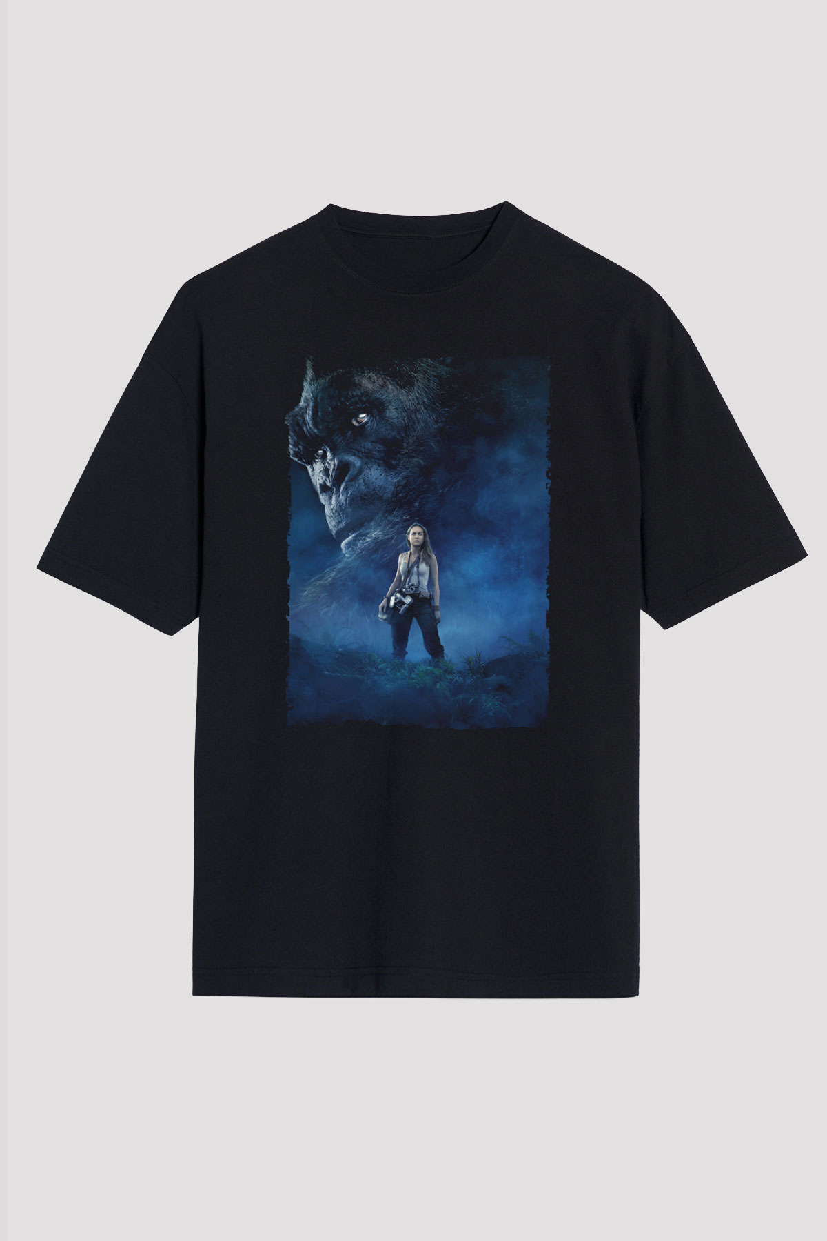 Unisex Kong Kafatası Adası (Kong Skull Island) Baskılı Siyah Oversize T-shirt
