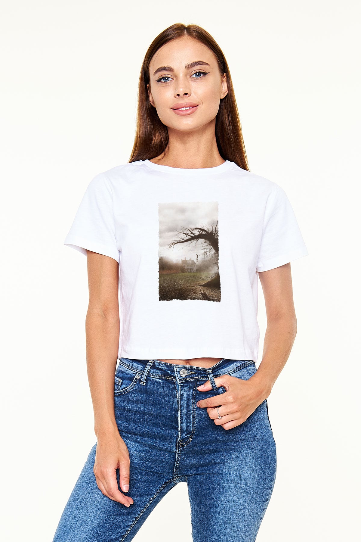 Unisex Korku Seansı (The Conjuring) Baskılı Beyaz Crop Top Tshirt