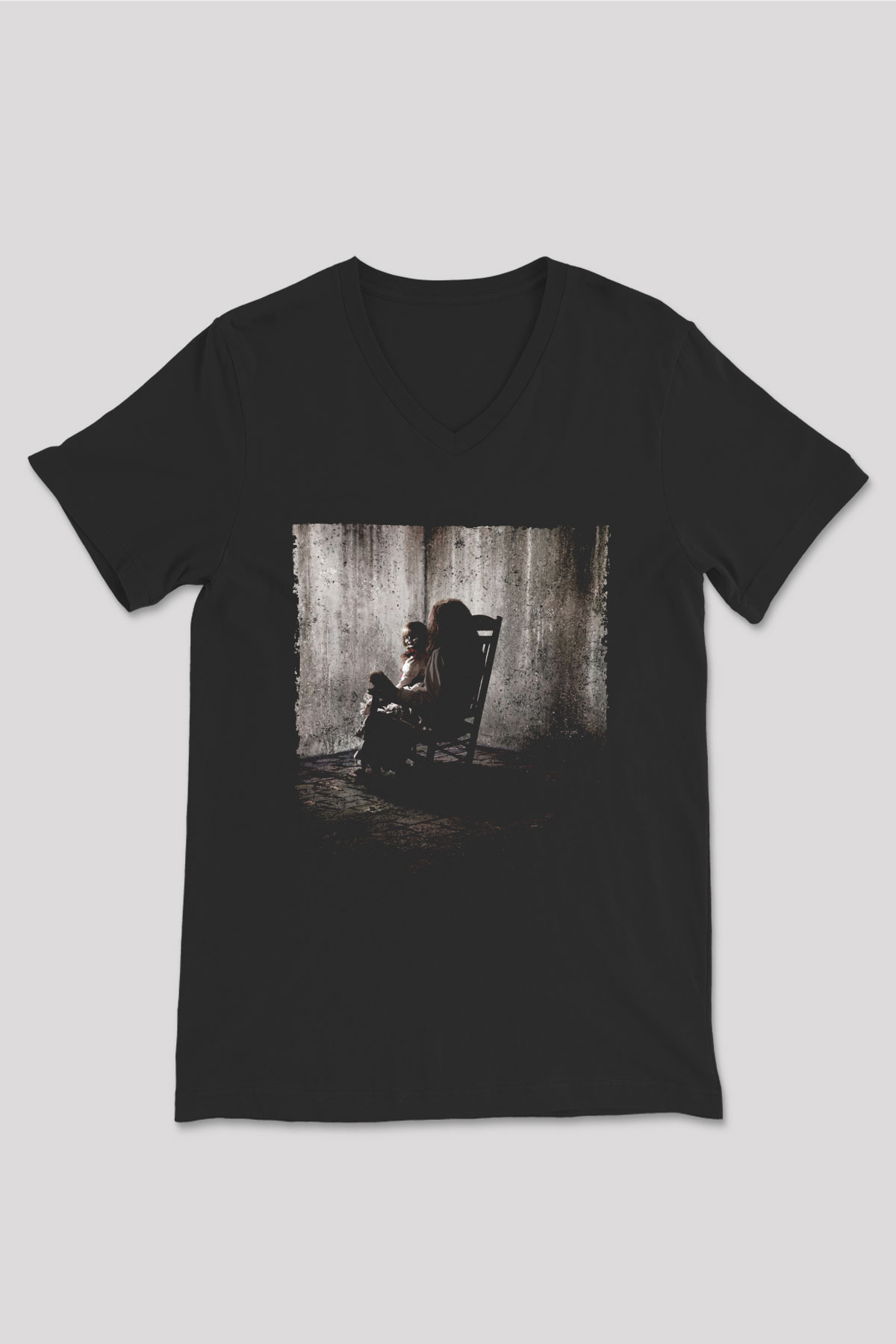 Unisex Korku Seansı (The Conjuring) Baskılı Siyah V Yaka Tişört