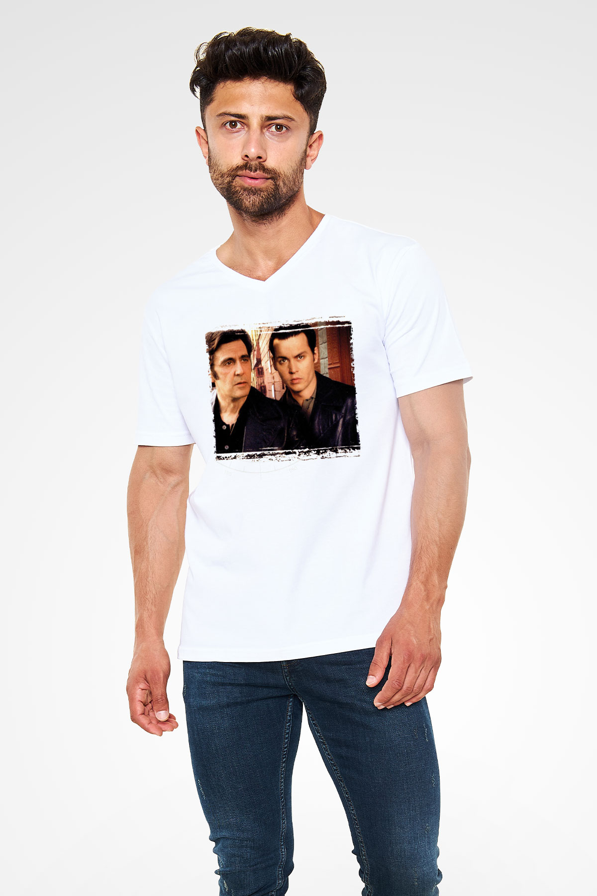 Unisex Köstebek (Donnie Brasco) Baskılı Beyaz V Yaka Tişört