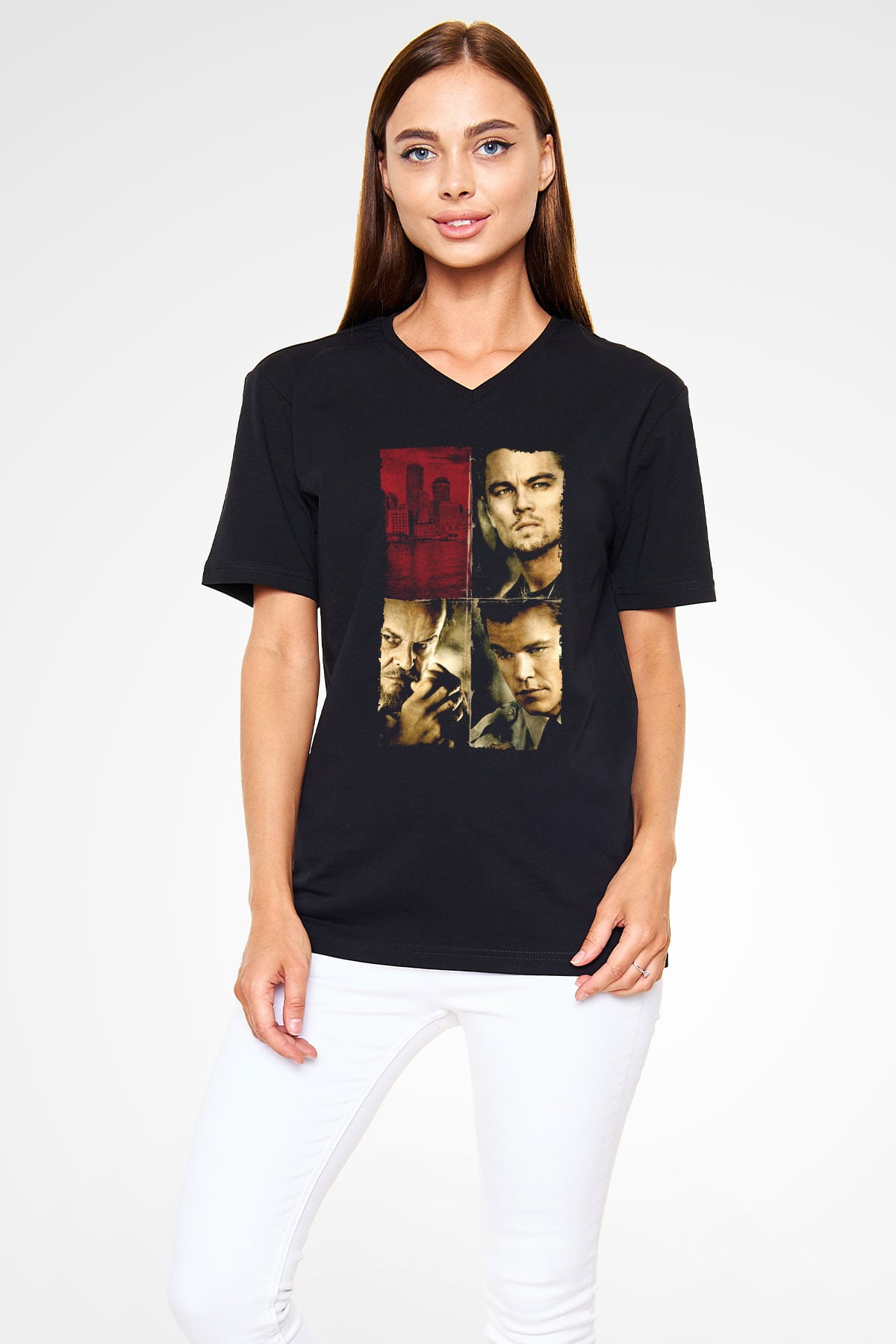 Unisex Köstebek (The Departed) Baskılı Siyah V Yaka T-shirt