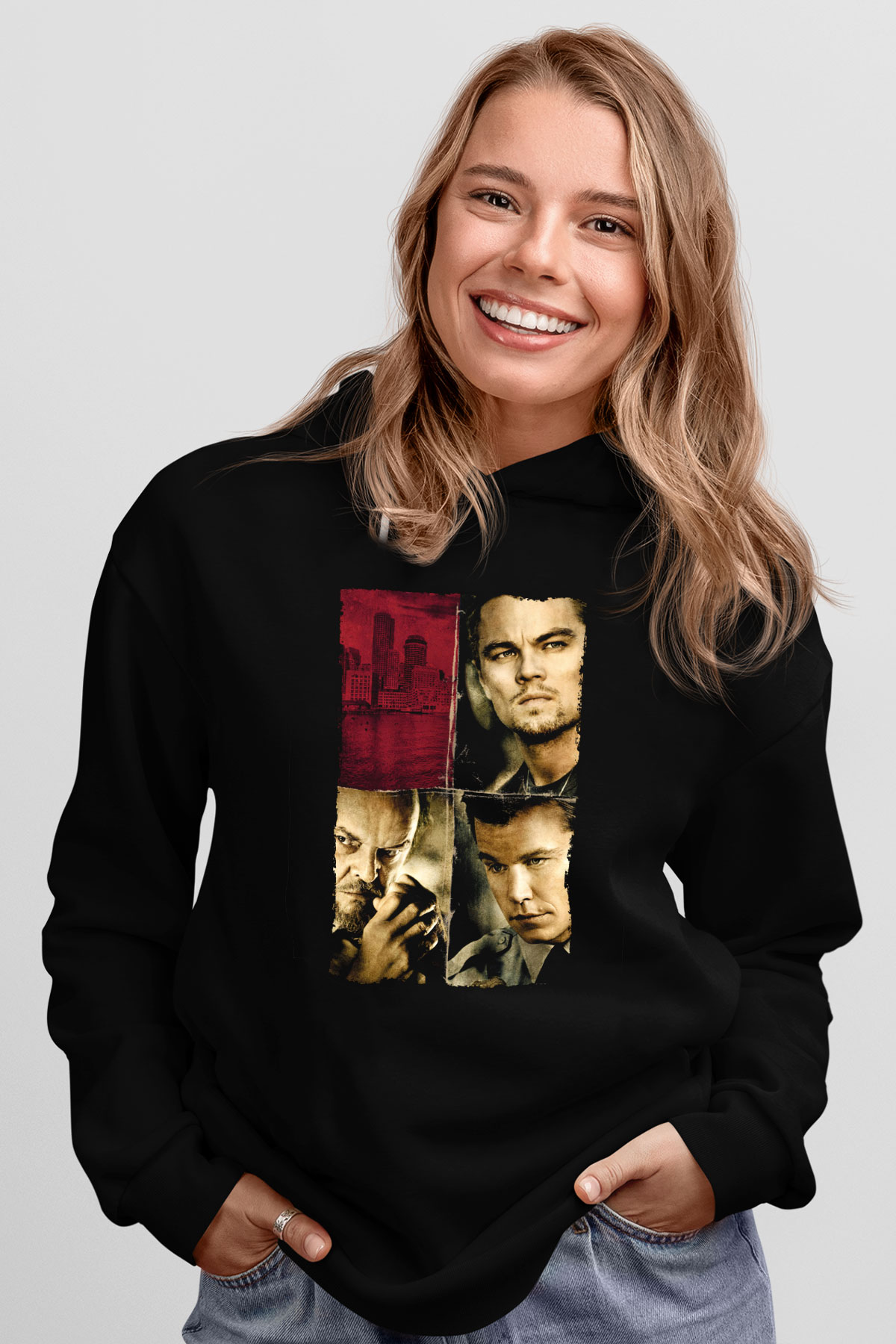 Unisex Köstebek (The Departed) Baskılı Siyah Kapüşonlu Sweatshirt