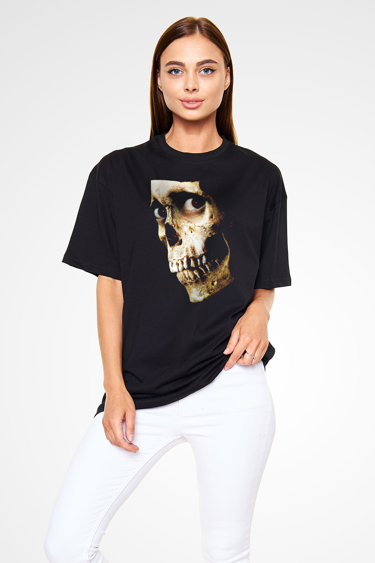 Unisex Kötü Ruh (Evil Dead) Baskılı Siyah Oversize T-shirt