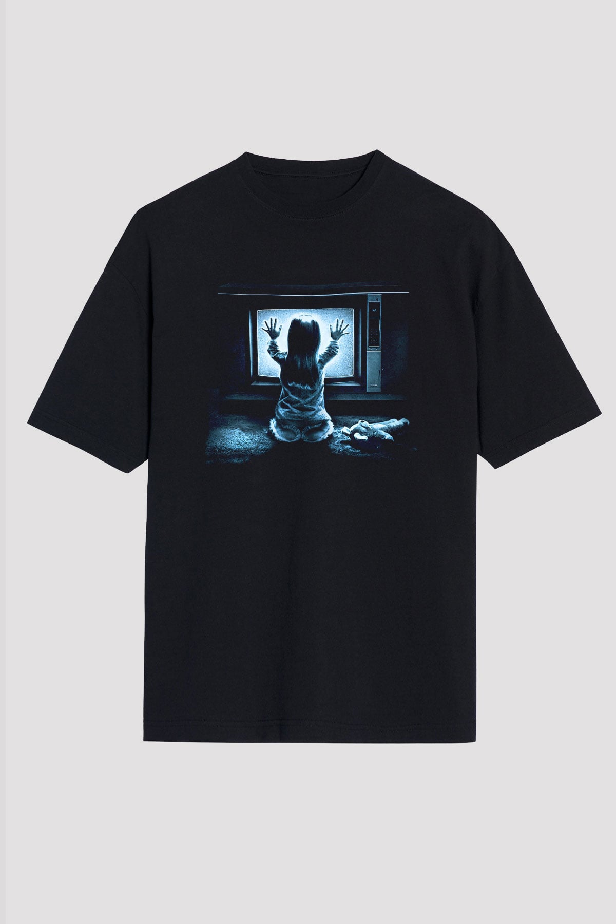 Unisex Kötü Ruh (Poltergeist) Baskılı Siyah Oversize T-shirt