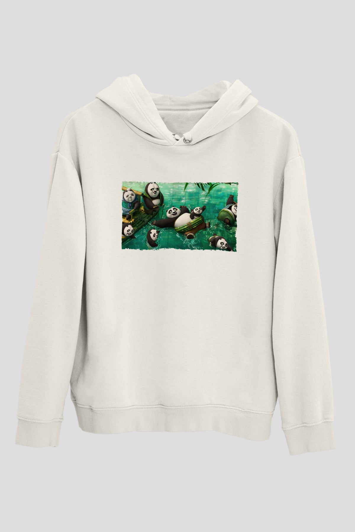 Unisex Kung Fu Panda Baskılı Beyaz Kapüşonlu Sweatshirt