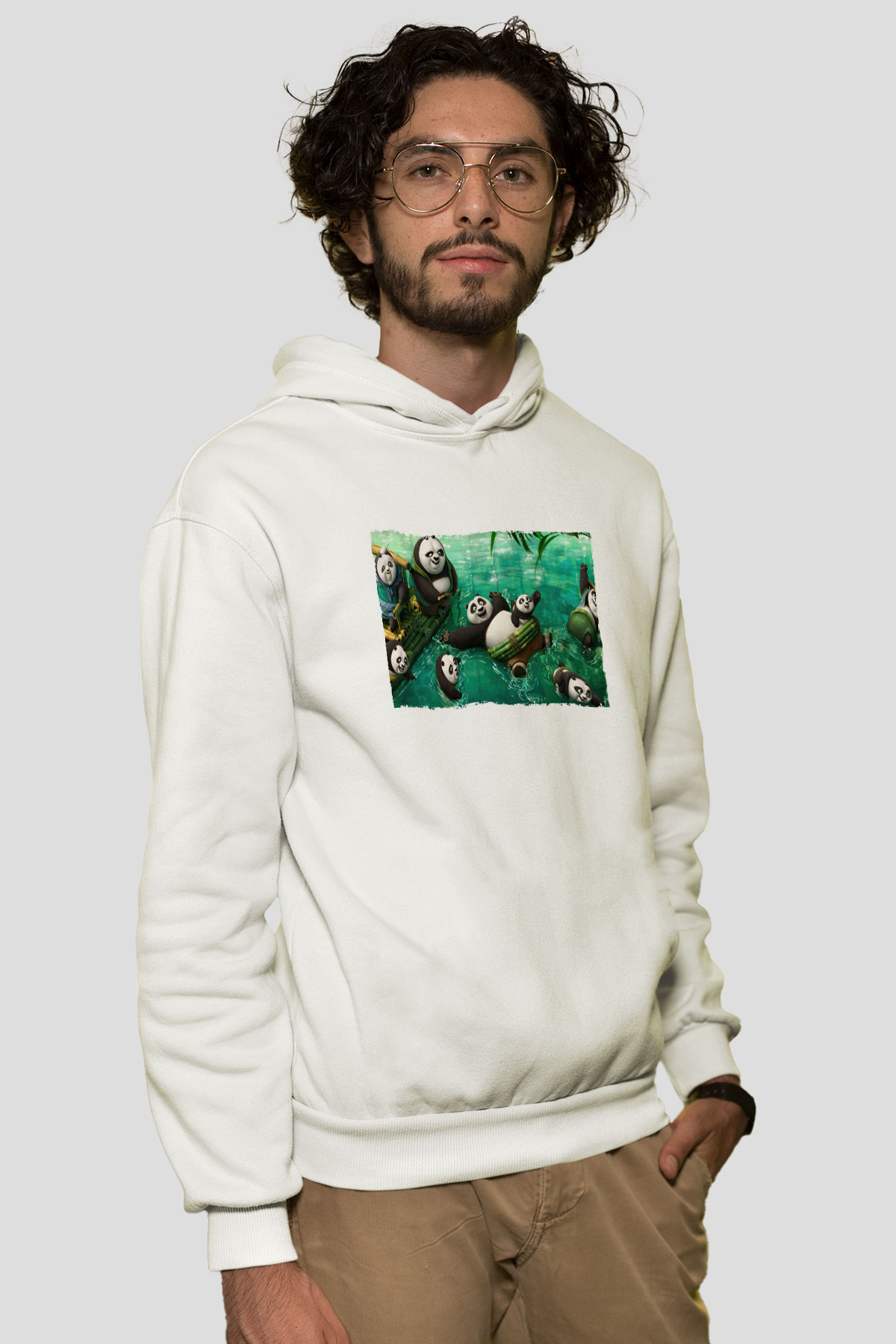 Unisex Kung Fu Panda Baskılı Beyaz Kapüşonlu Sweatshirt