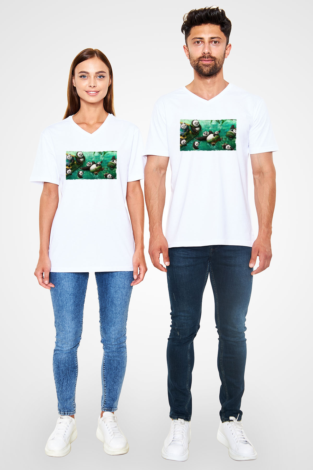 Unisex Kung Fu Panda Baskılı Beyaz V Yaka Tişört
