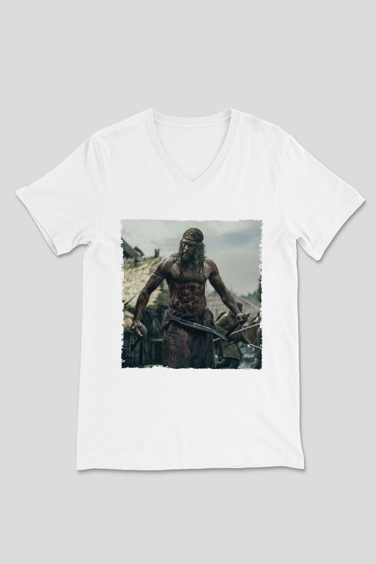 Unisex Kuzeyli (The Northman) Baskılı Beyaz V Yaka Tshirt