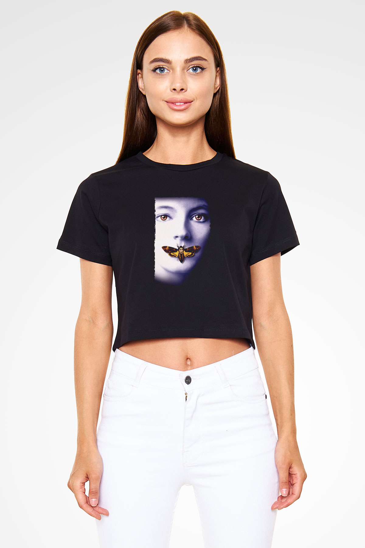 Unisex Kuzuların Sessizliği (The Silence of the Lambs) Baskılı Siyah Crop Top Tişört
