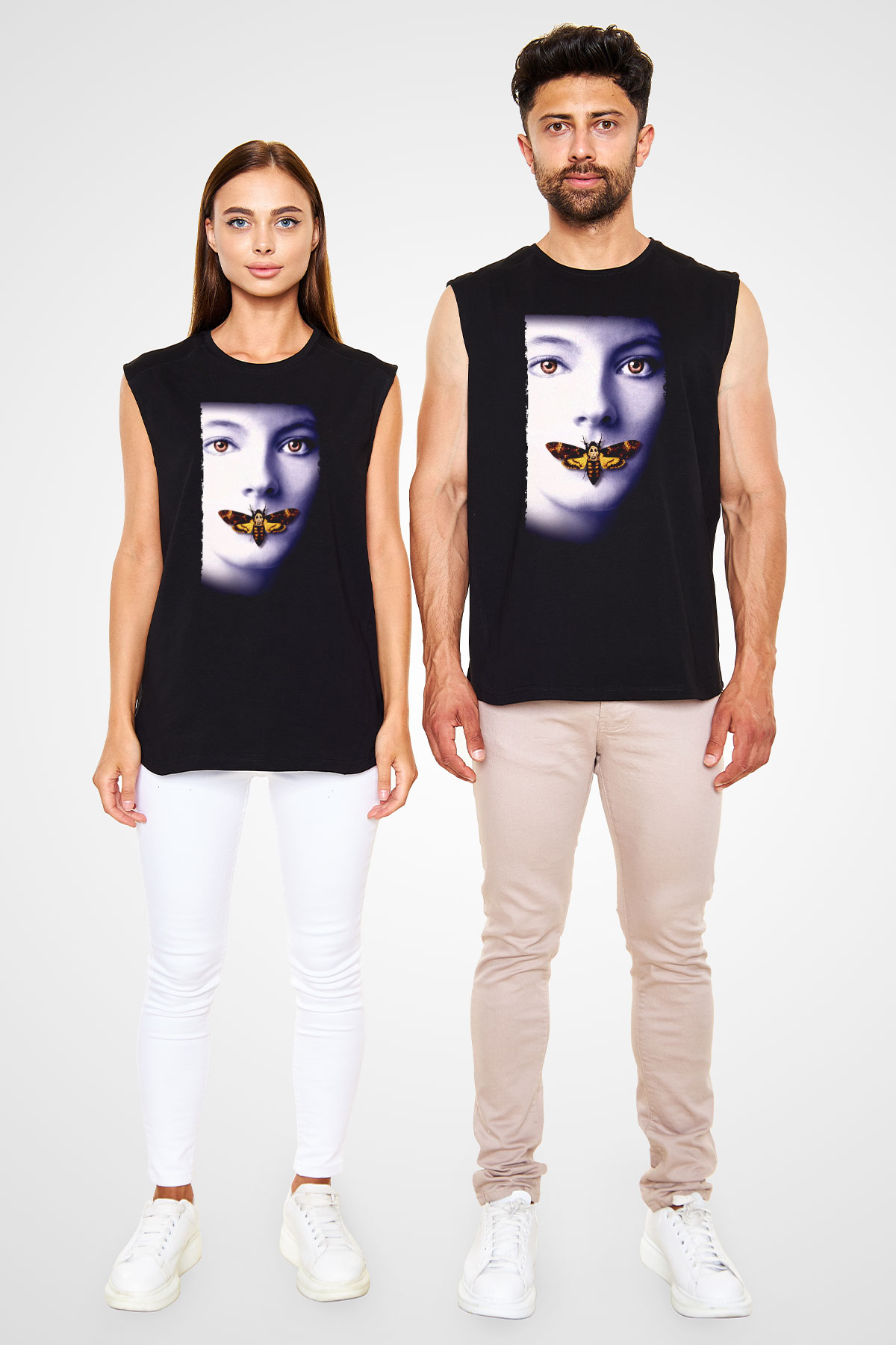 Unisex Kuzuların Sessizliği (The Silence of the Lambs) Baskılı Siyah Kolsuz Tişört