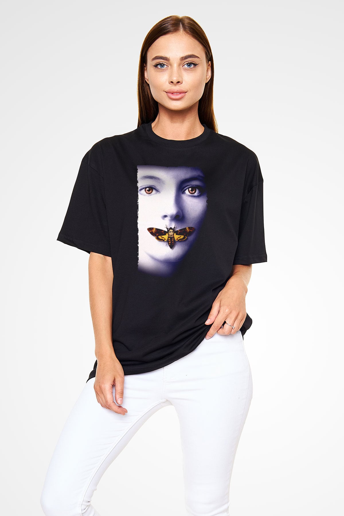 Unisex Kuzuların Sessizliği (The Silence of the Lambs) Baskılı Siyah Oversize Tişört