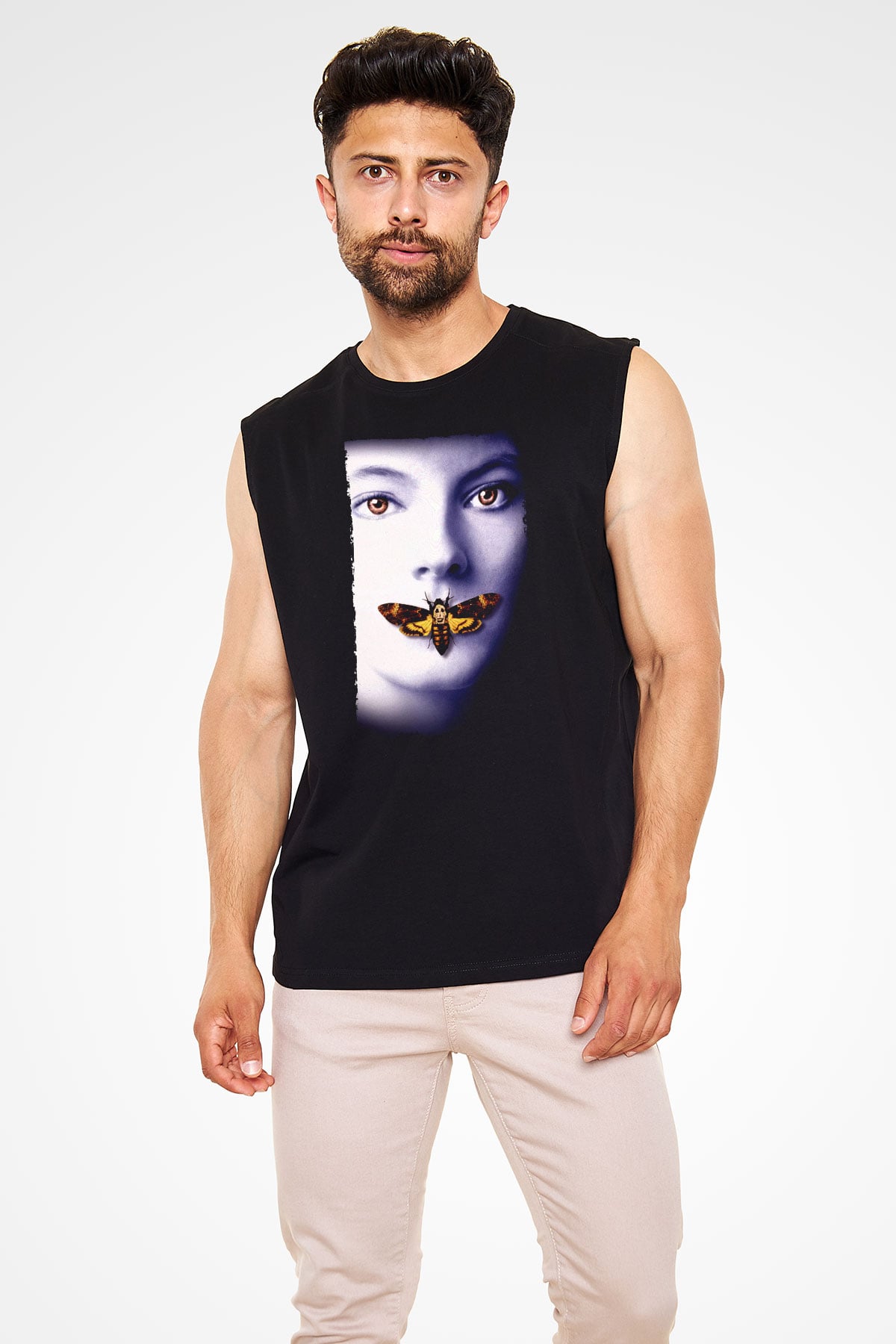Unisex Kuzuların Sessizliği (The Silence of the Lambs) Baskılı Siyah Kolsuz Tişört