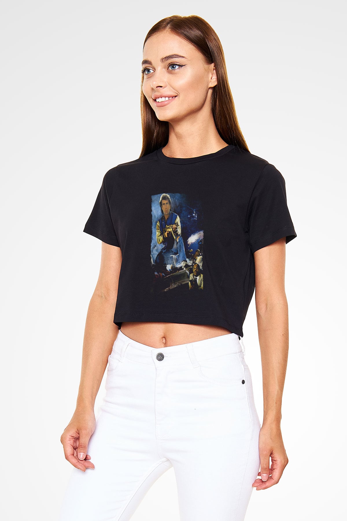 Unisex Lethal Weapon Baskılı Siyah Crop Top T-shirt