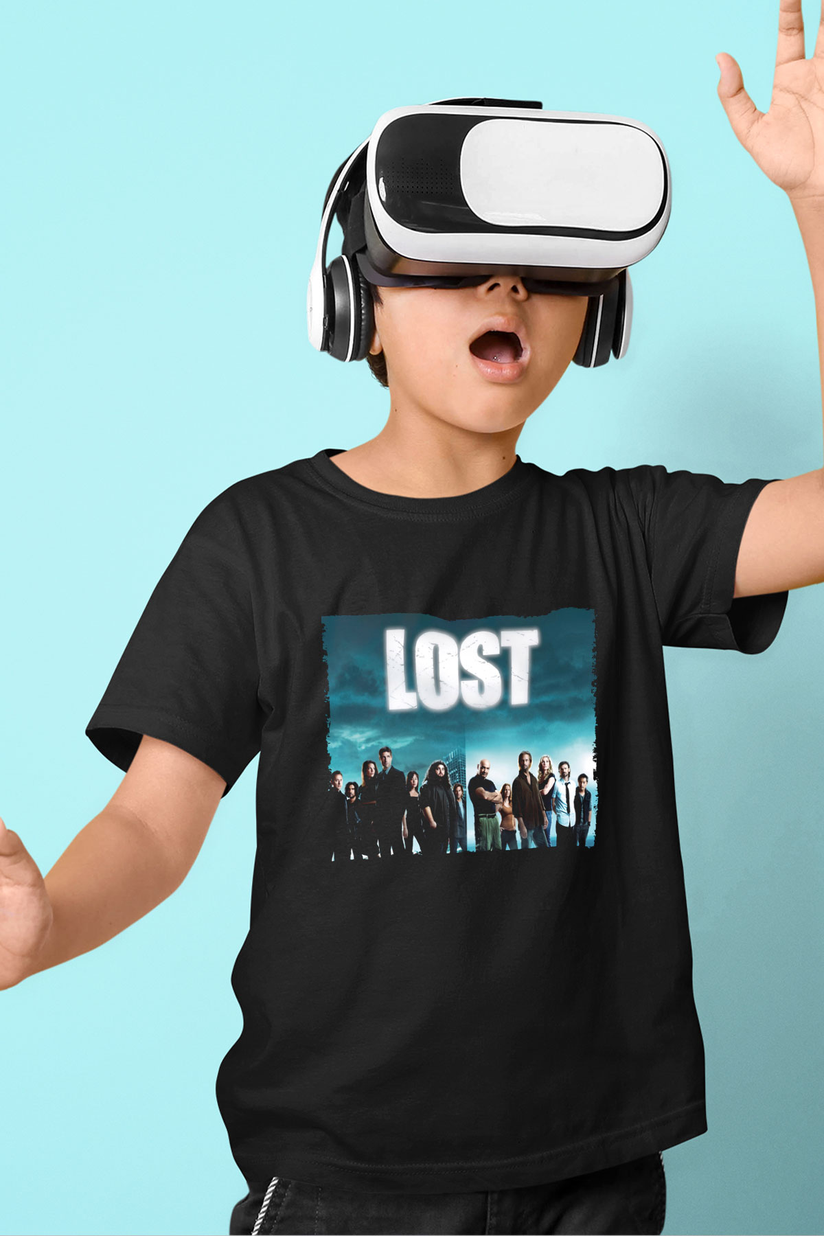 Unisex Lost Baskılı Siyah Çocuk Tshirt