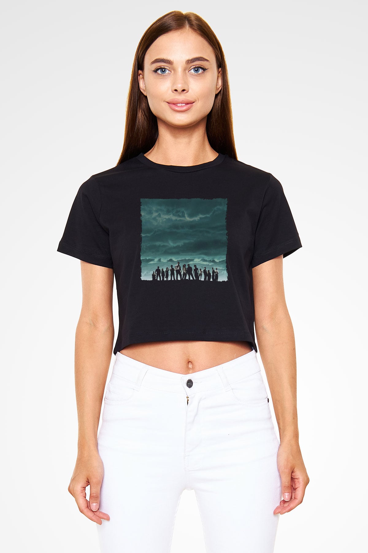 Unisex Lost Baskılı Siyah Crop Top Tişört