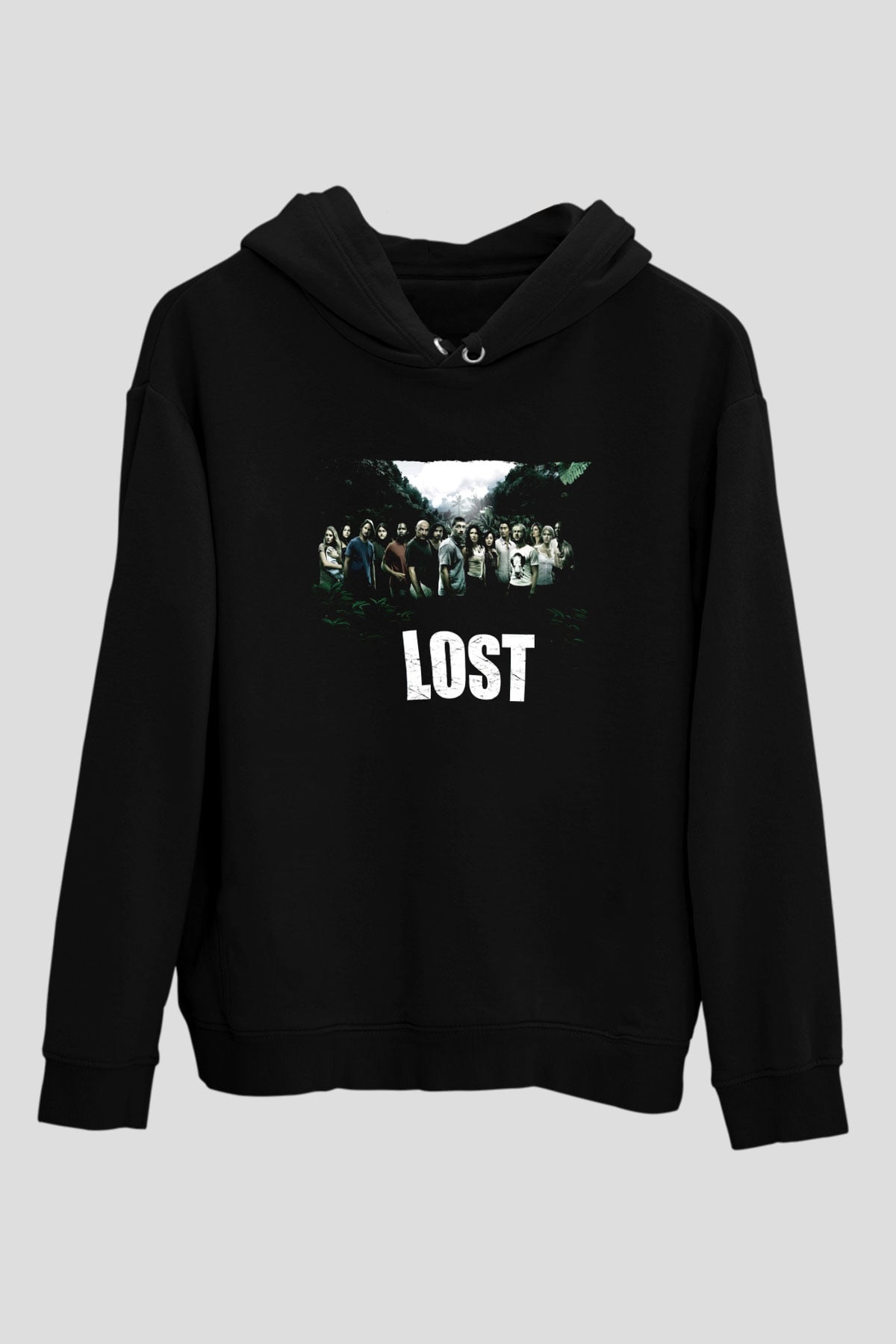 Unisex Lost Baskılı Siyah Kapüşonlu Sweatshirt