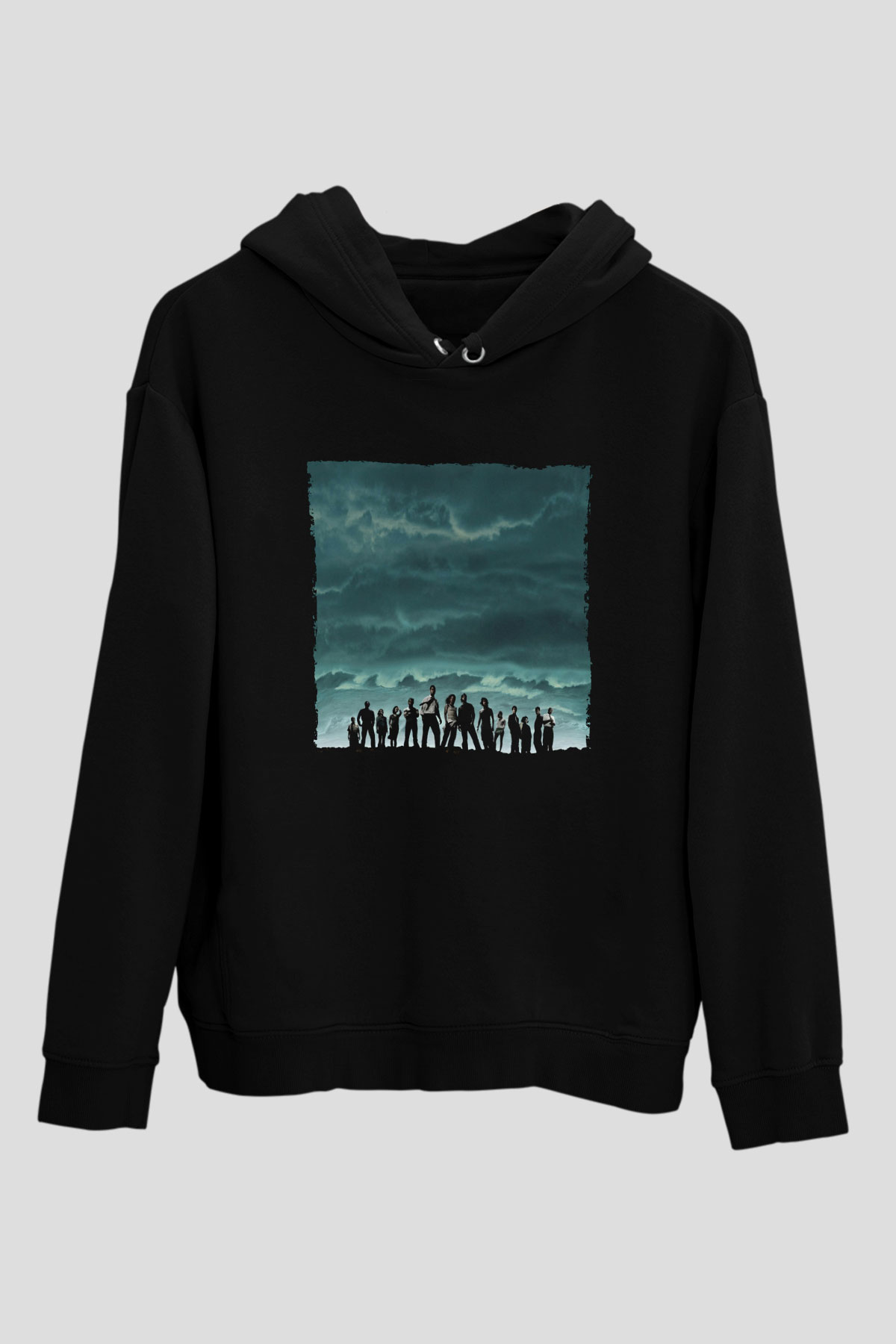 Unisex Lost Baskılı Siyah Kapüşonlu Sweatshirt