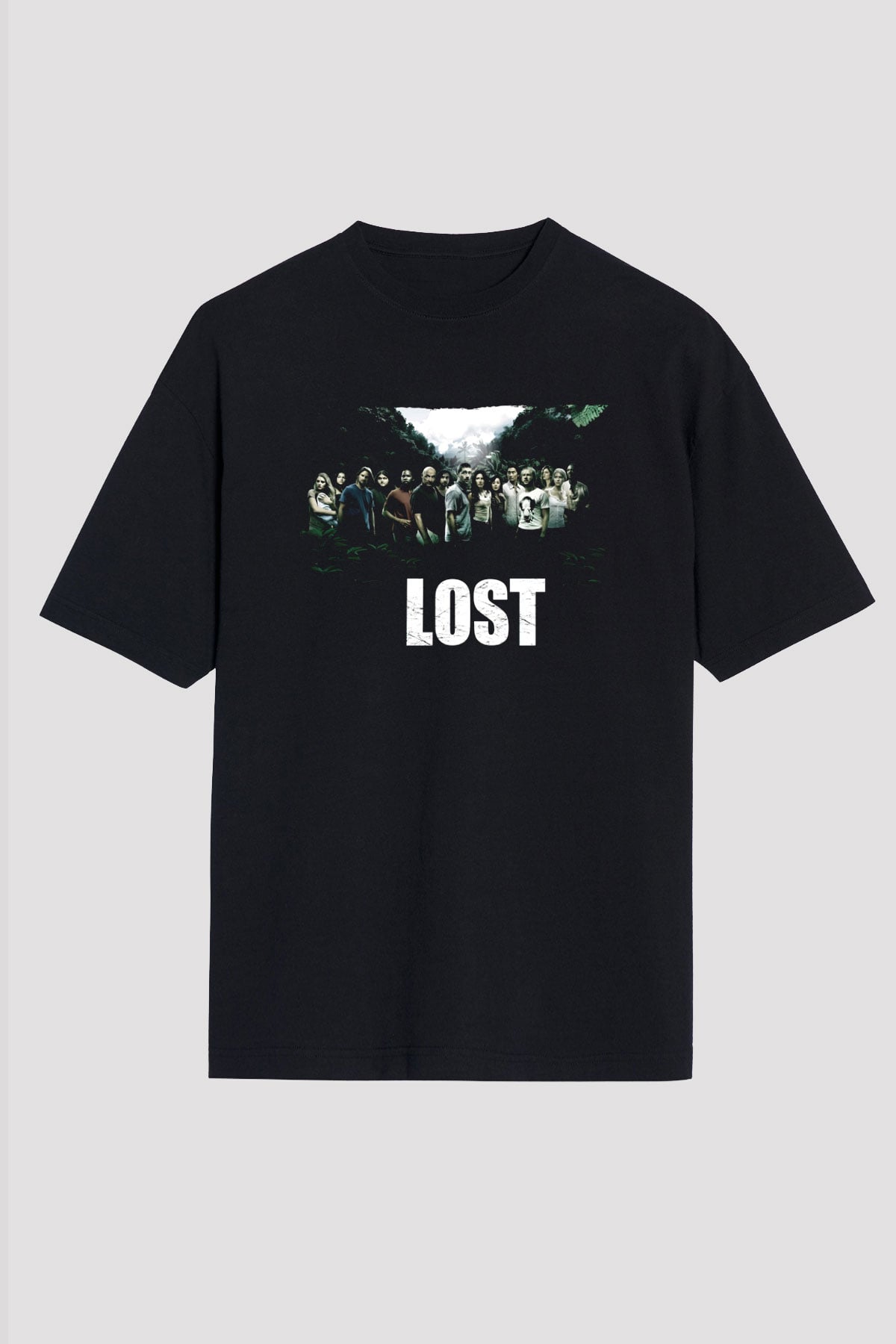 Unisex Lost Baskılı Siyah Oversize T-shirt